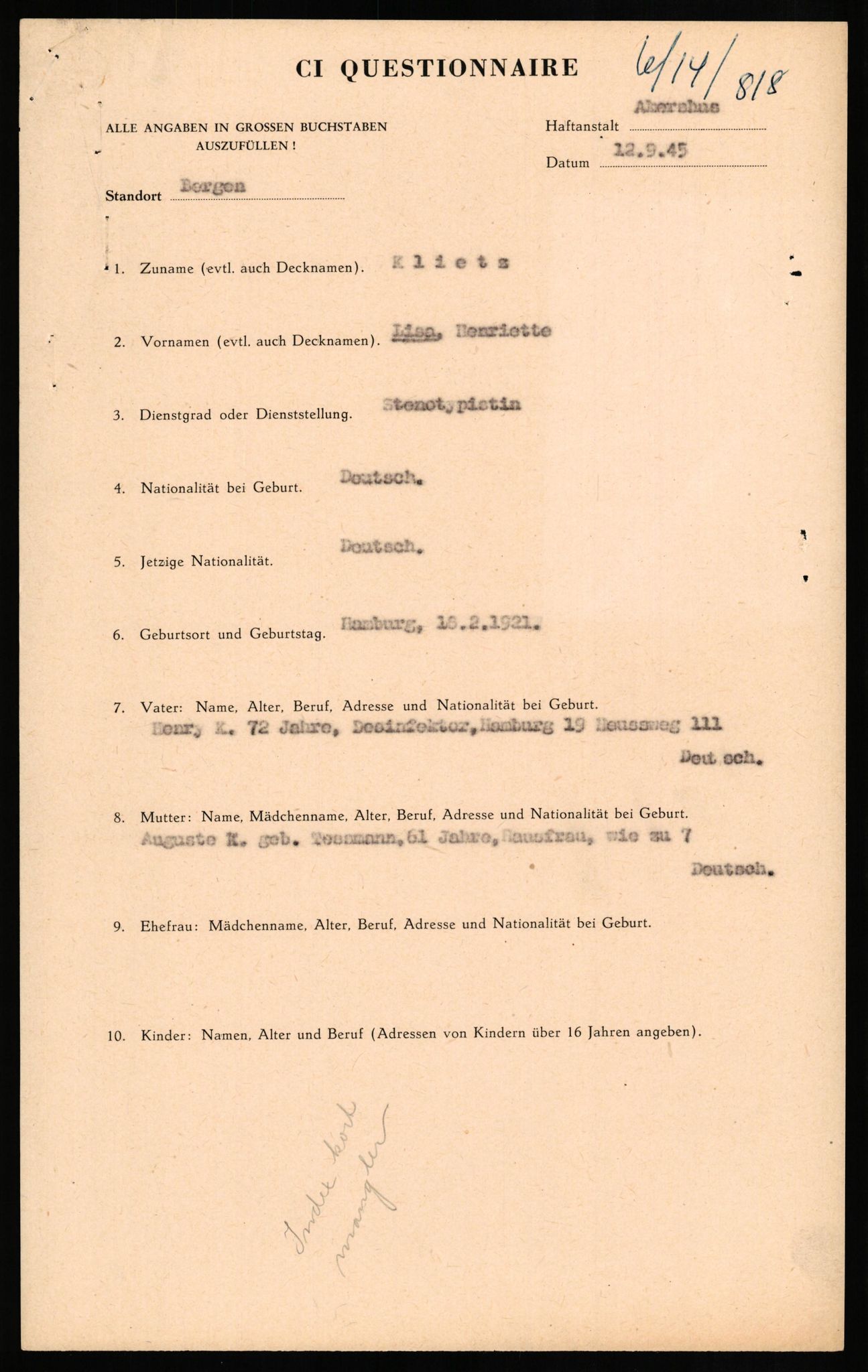 Forsvaret, Forsvarets overkommando II, AV/RA-RAFA-3915/D/Db/L0017: CI Questionaires. Tyske okkupasjonsstyrker i Norge. Tyskere., 1945-1946, p. 4