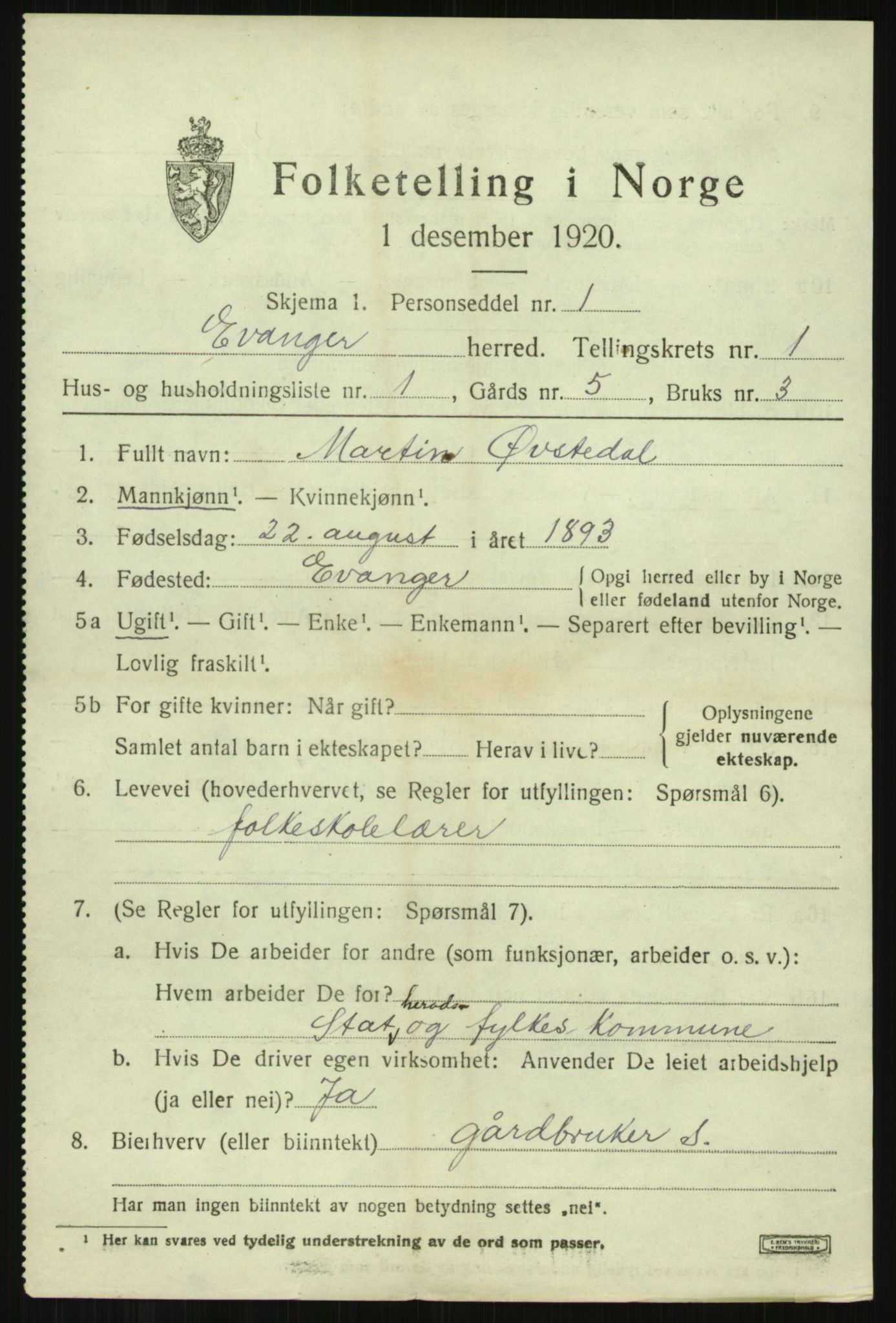 SAB, 1920 census for Evanger, 1920, p. 703