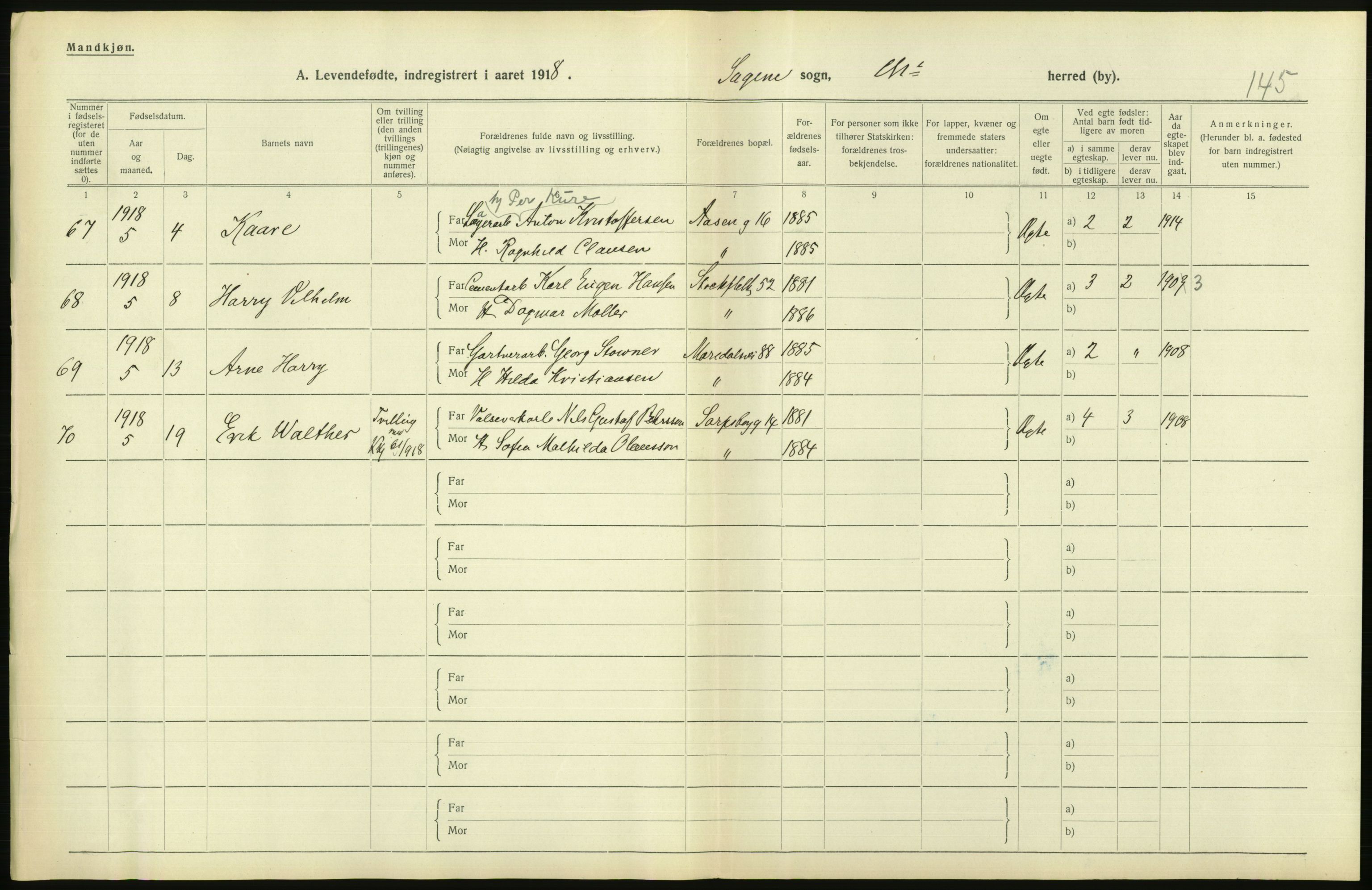 Statistisk sentralbyrå, Sosiodemografiske emner, Befolkning, AV/RA-S-2228/D/Df/Dfb/Dfbh/L0008: Kristiania: Levendefødte menn og kvinner., 1918, p. 820