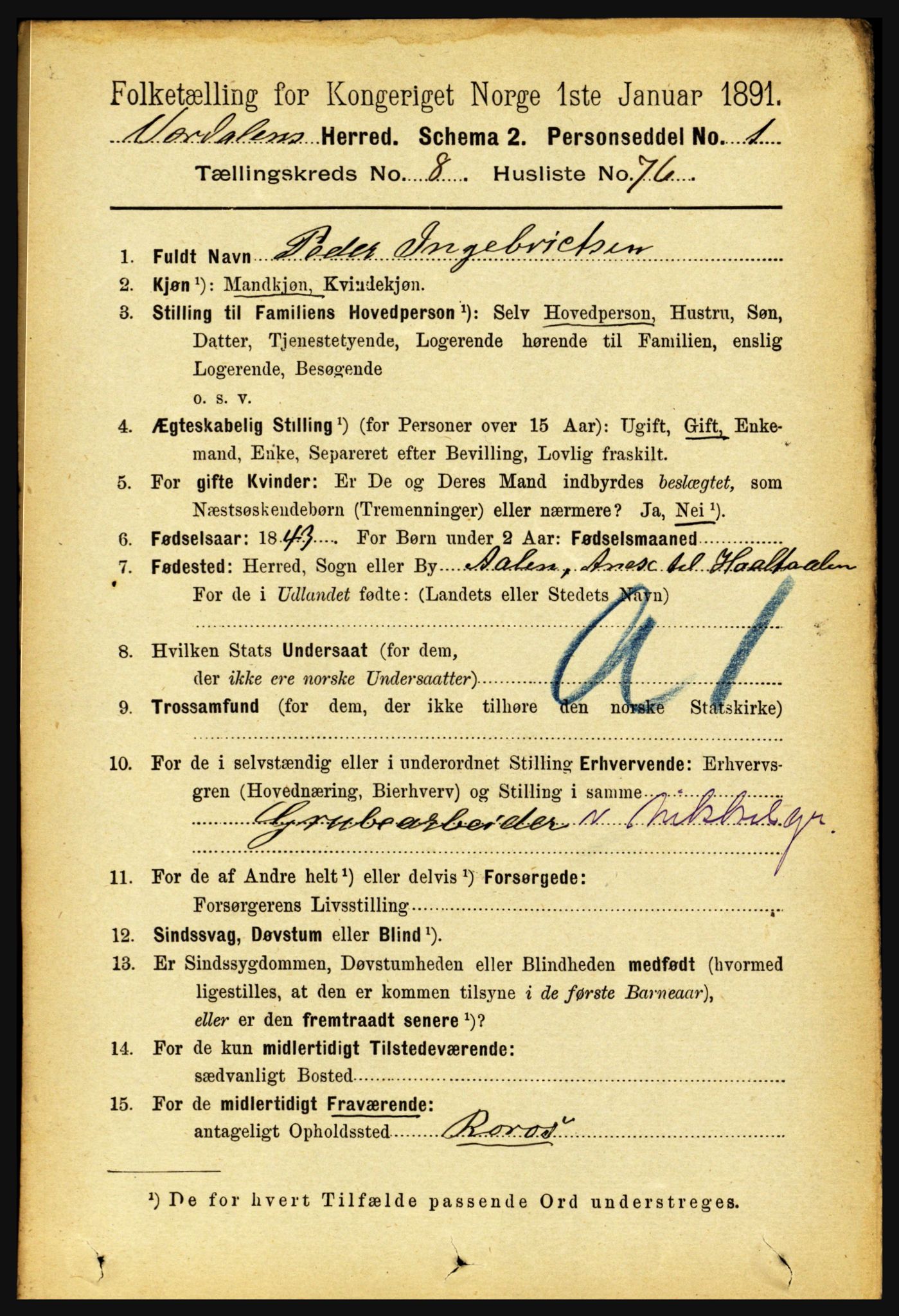 RA, 1891 census for 1721 Verdal, 1891, p. 4888
