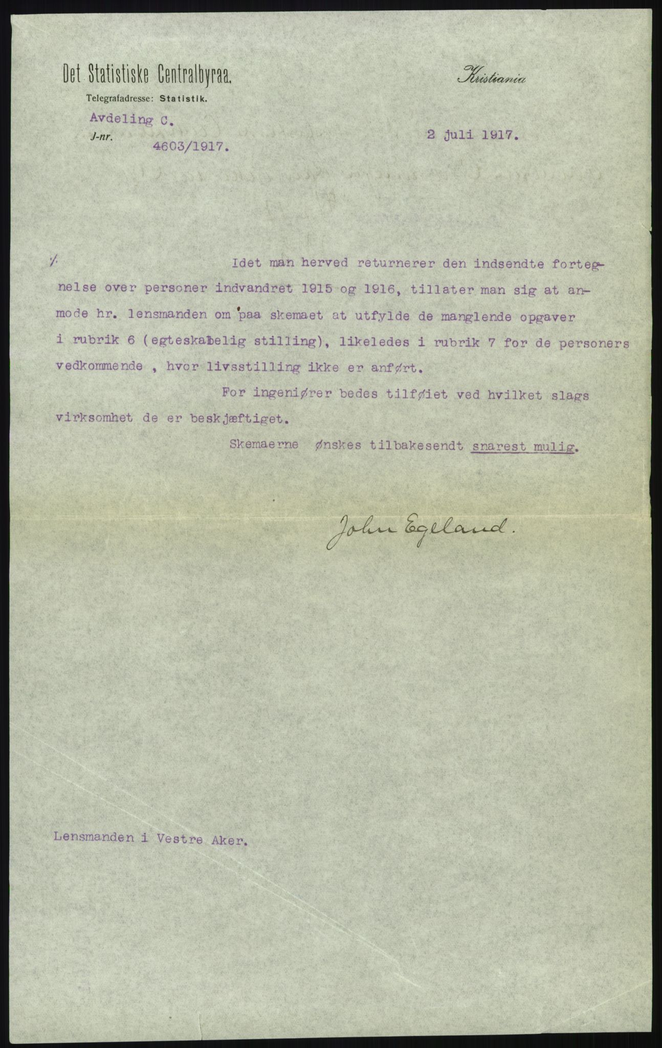 Statistisk sentralbyrå, Sosioøkonomiske emner, Folketellinger, boliger og boforhold, AV/RA-S-2231/F/Fa/L0001: Innvandring. Navn/fylkesvis, 1915, p. 65