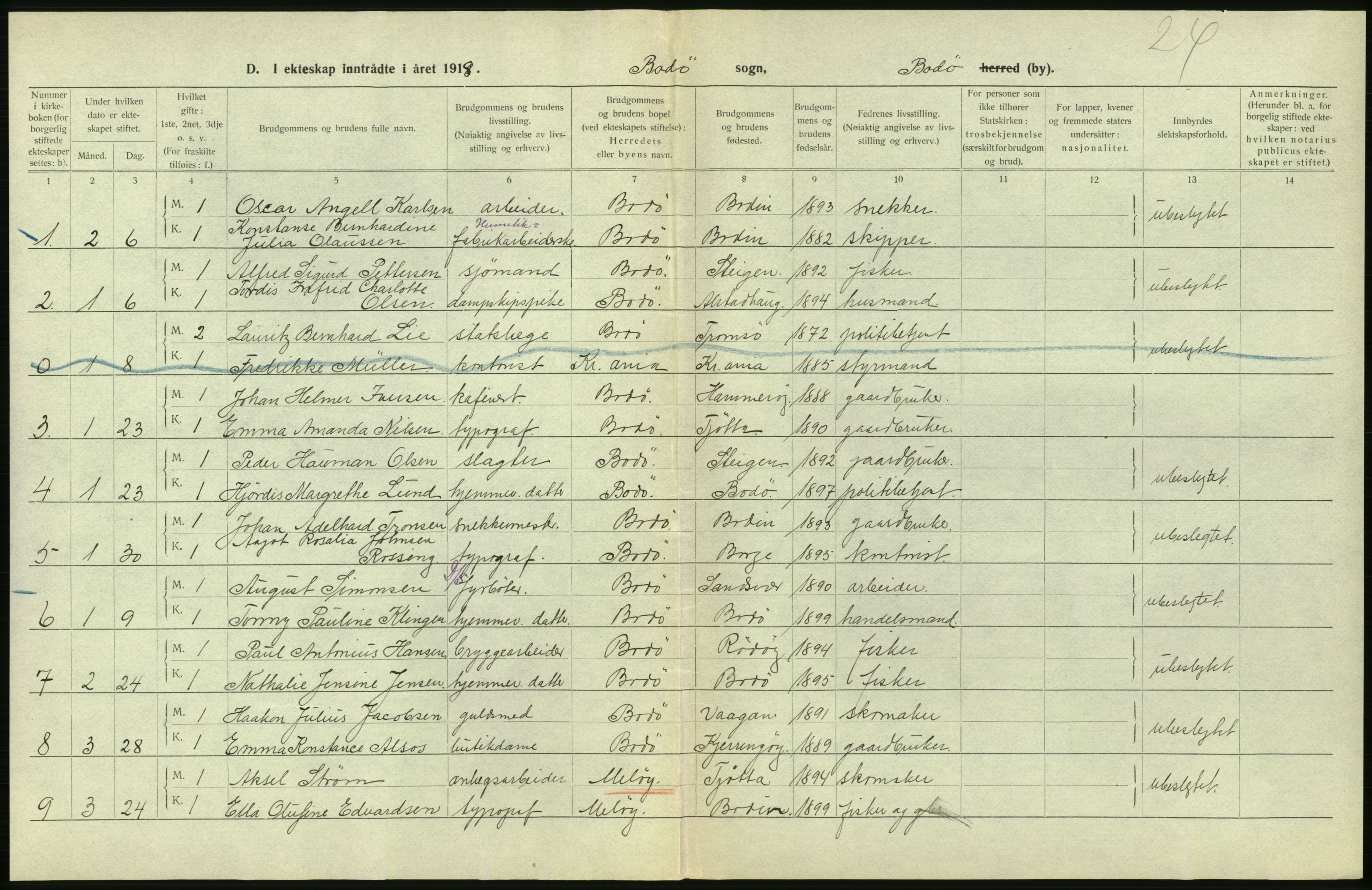 Statistisk sentralbyrå, Sosiodemografiske emner, Befolkning, RA/S-2228/D/Df/Dfb/Dfbh/L0054: Nordland fylke: Gifte, dødfødte. Bygder og byer., 1918, p. 334