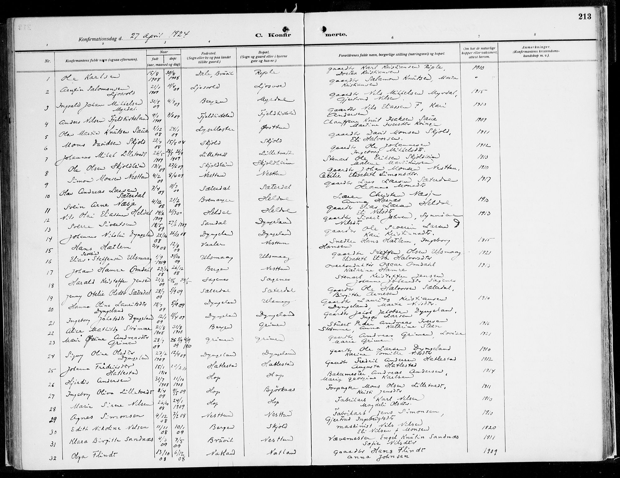 Fana Sokneprestembete, AV/SAB-A-75101/H/Haa/Haaj/L0001: Parish register (official) no. J 1, 1921-1935, p. 213