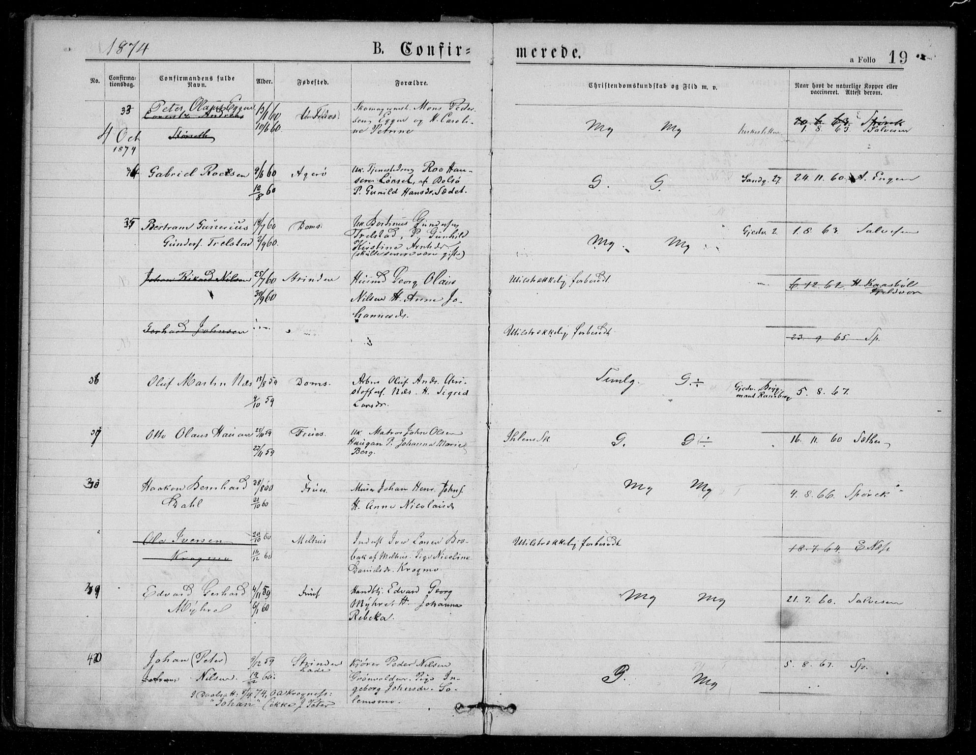 Ministerialprotokoller, klokkerbøker og fødselsregistre - Sør-Trøndelag, AV/SAT-A-1456/602/L0121: Parish register (official) no. 602A19, 1872-1879, p. 19