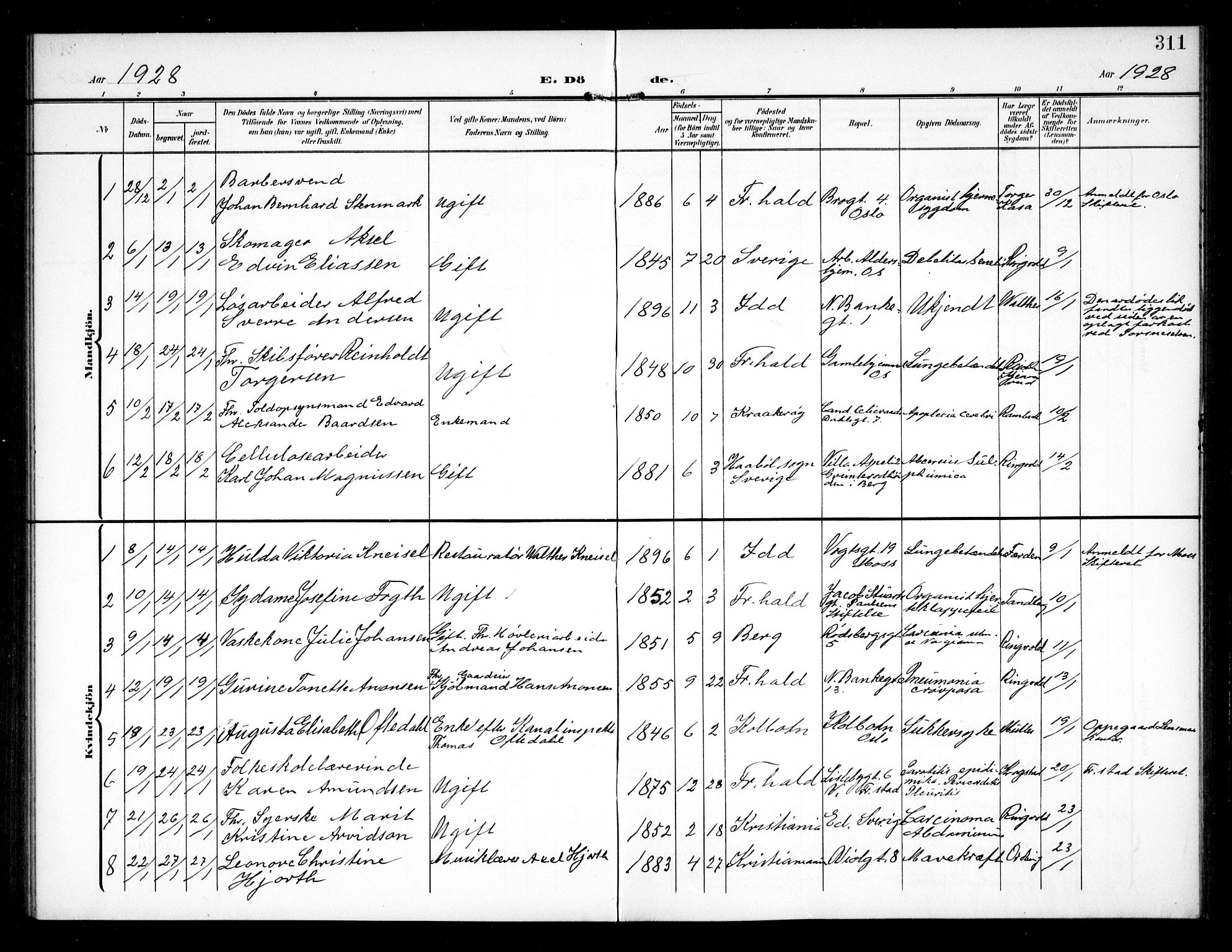 Halden prestekontor Kirkebøker, AV/SAO-A-10909/G/Ga/L0011: Parish register (copy) no. 11, 1906-1934, p. 311