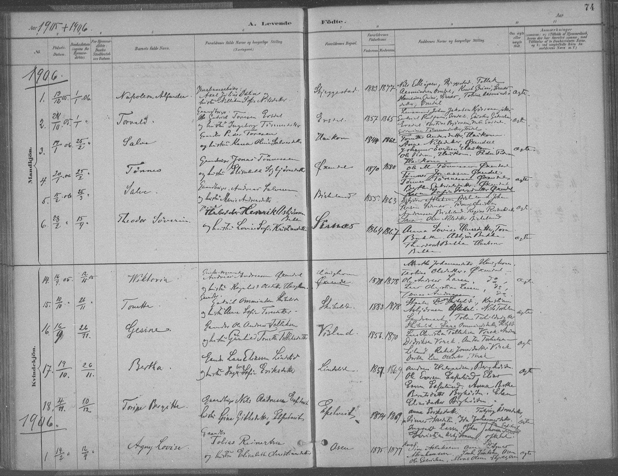 Bakke sokneprestkontor, SAK/1111-0002/F/Fa/Faa/L0008: Parish register (official) no. A 8, 1887-1911, p. 74