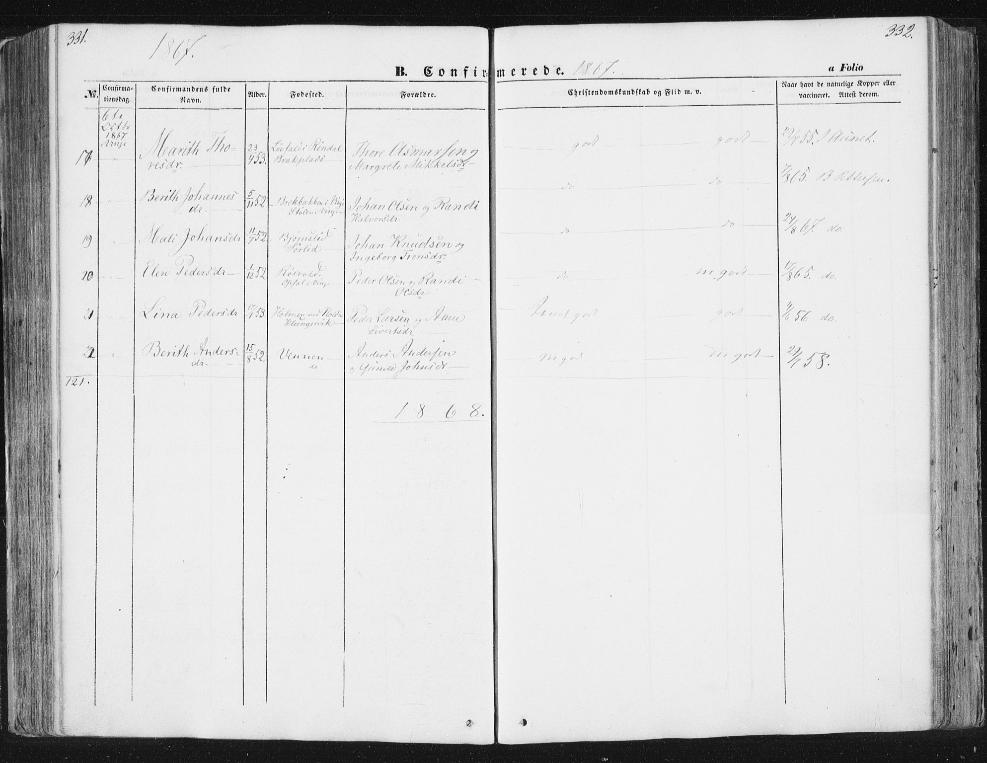 Ministerialprotokoller, klokkerbøker og fødselsregistre - Sør-Trøndelag, AV/SAT-A-1456/630/L0494: Parish register (official) no. 630A07, 1852-1868, p. 331-332