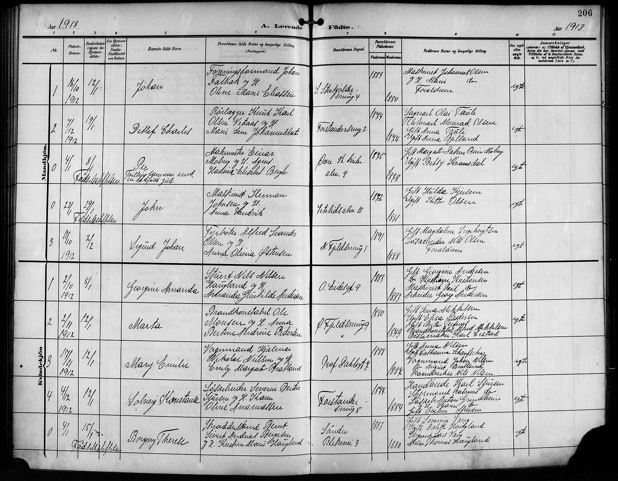 Korskirken sokneprestembete, SAB/A-76101/H/Hab: Parish register (copy) no. B 11, 1905-1916, p. 206