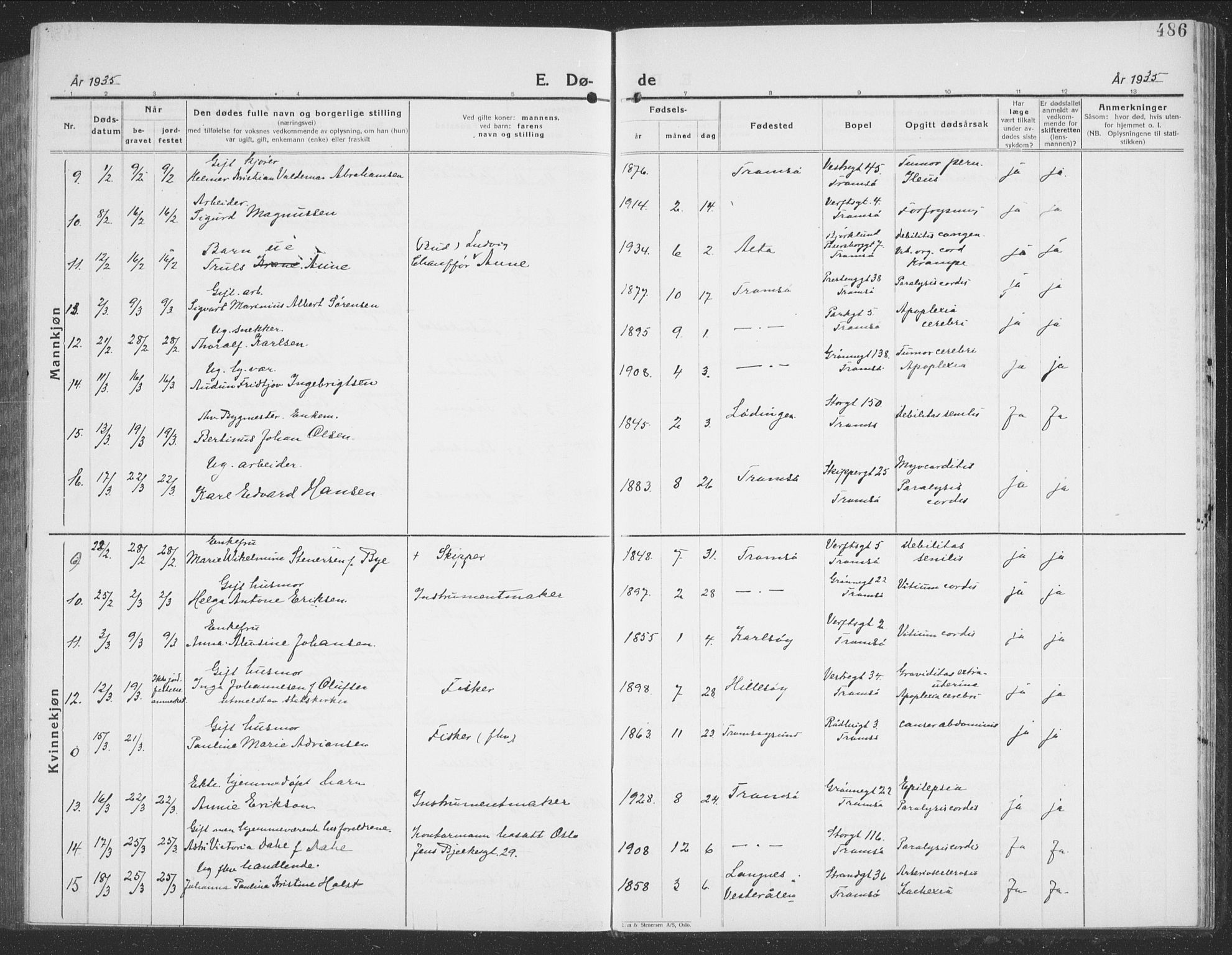 Tromsø sokneprestkontor/stiftsprosti/domprosti, SATØ/S-1343/G/Gb/L0010klokker: Parish register (copy) no. 10, 1925-1937, p. 486