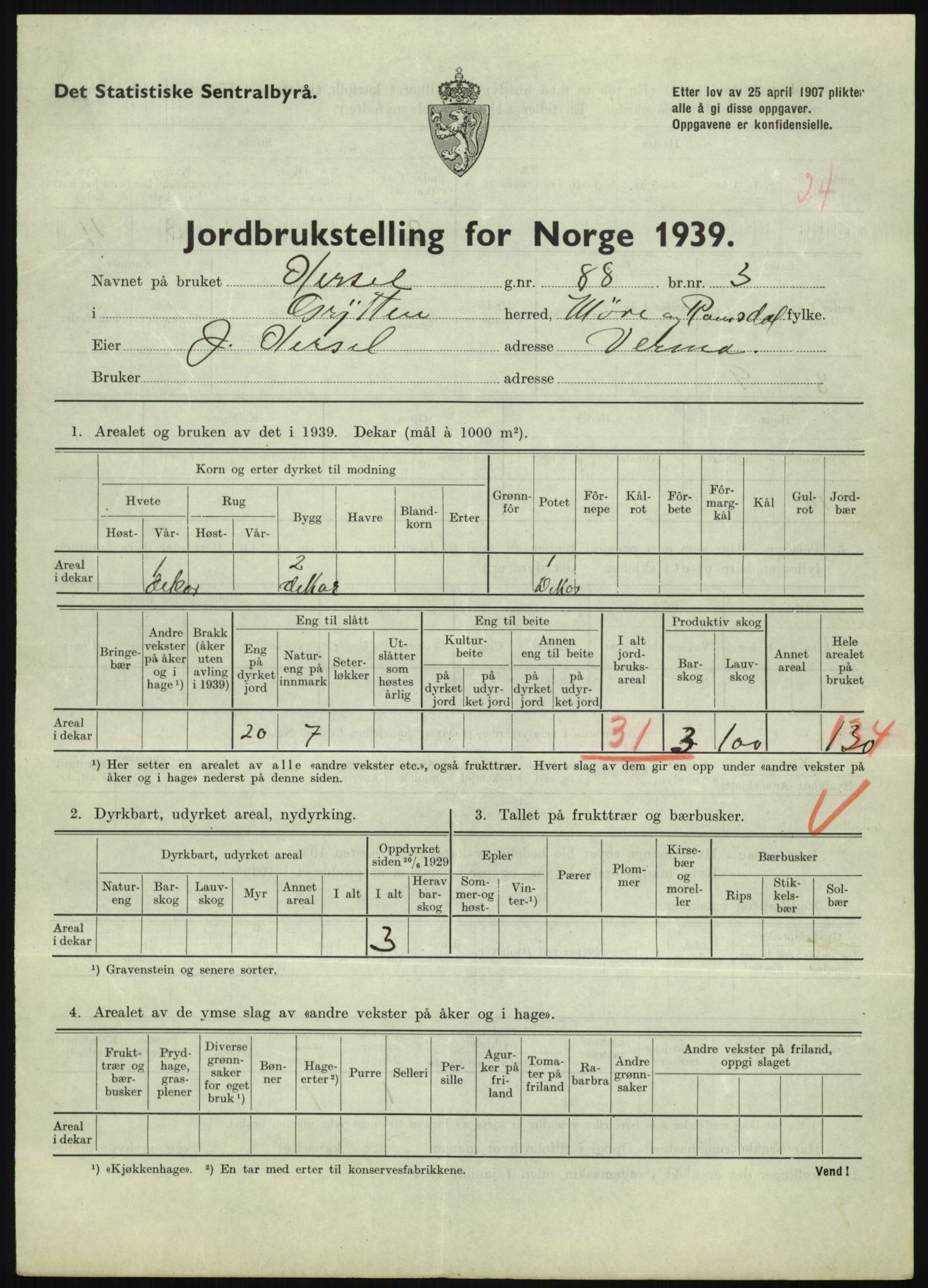 Statistisk sentralbyrå, Næringsøkonomiske emner, Jordbruk, skogbruk, jakt, fiske og fangst, AV/RA-S-2234/G/Gb/L0251: Møre og Romsdal: Voll, Eid, Grytten og Hen, 1939, p. 653