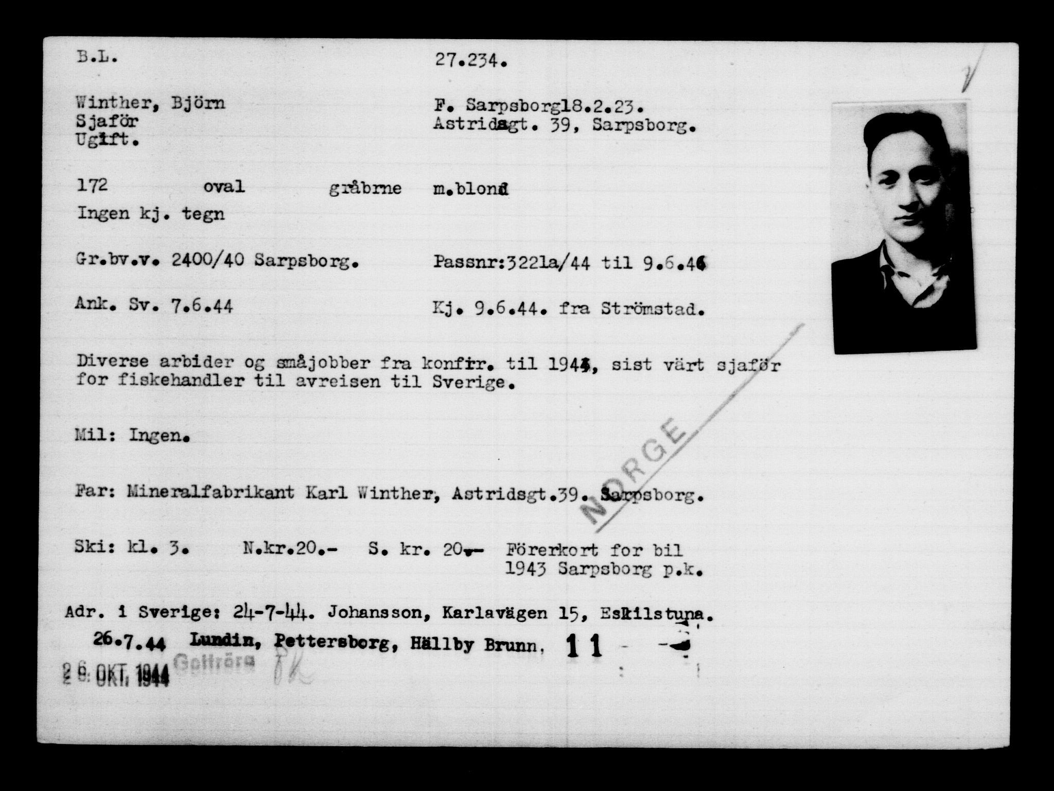 Utenriksstasjonene, Legasjonen i Stockholm, Flyktningkontoret, AV/RA-S-6753/V/Va/L0011: Kjesäterkartoteket, flyktninger med registreringsnr. 25300-28349, 1940-1945, p. 2042