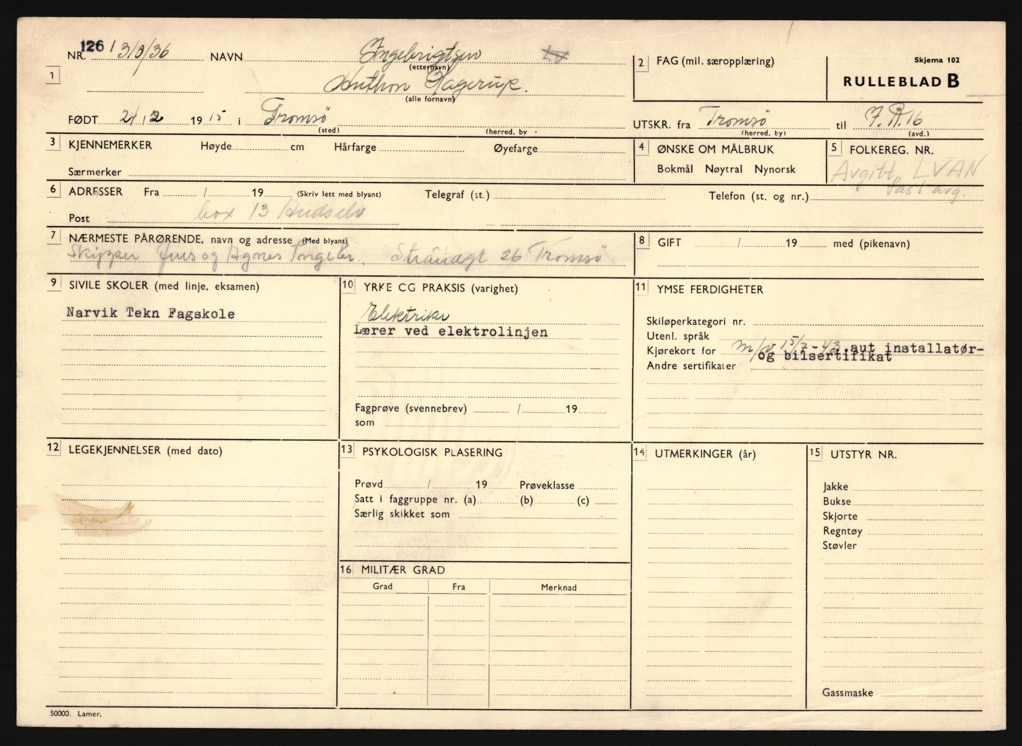 Forsvaret, Troms infanteriregiment nr. 16, AV/RA-RAFA-3146/P/Pa/L0020: Rulleblad for regimentets menige mannskaper, årsklasse 1936, 1936, p. 485