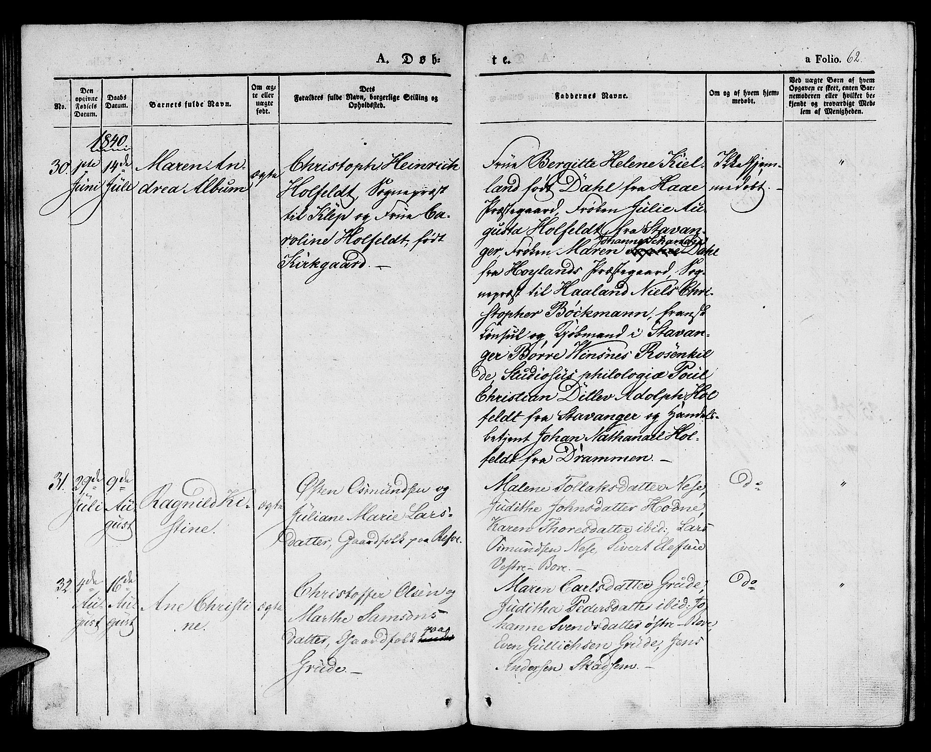 Klepp sokneprestkontor, SAST/A-101803/001/3/30BA/L0003: Parish register (official) no. A 3, 1833-1842, p. 62