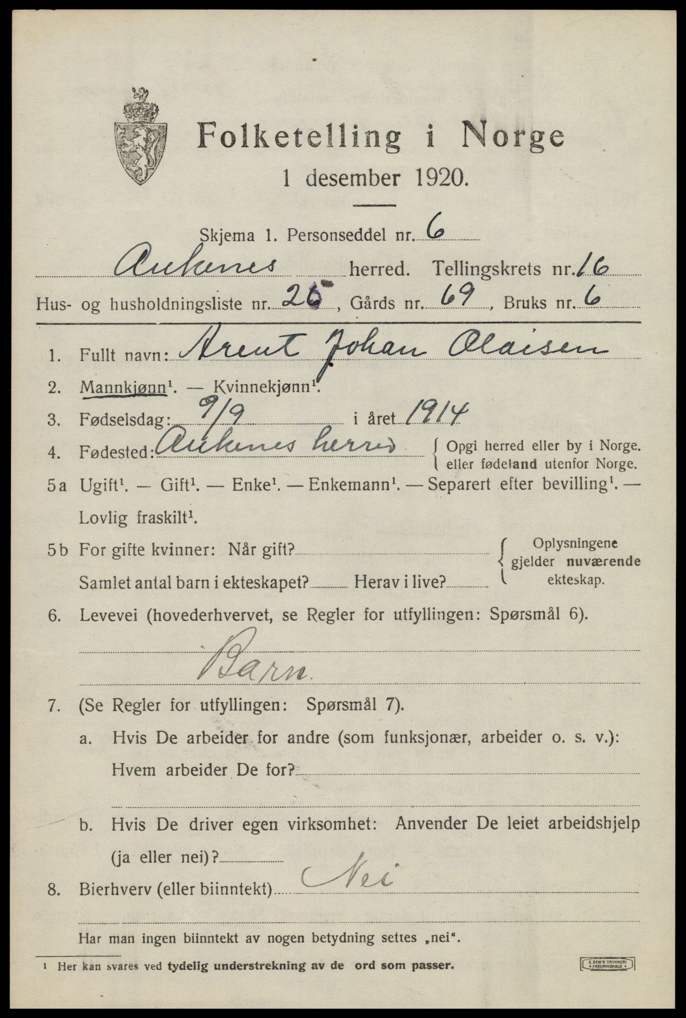 SAT, 1920 census for Ankenes, 1920, p. 7767