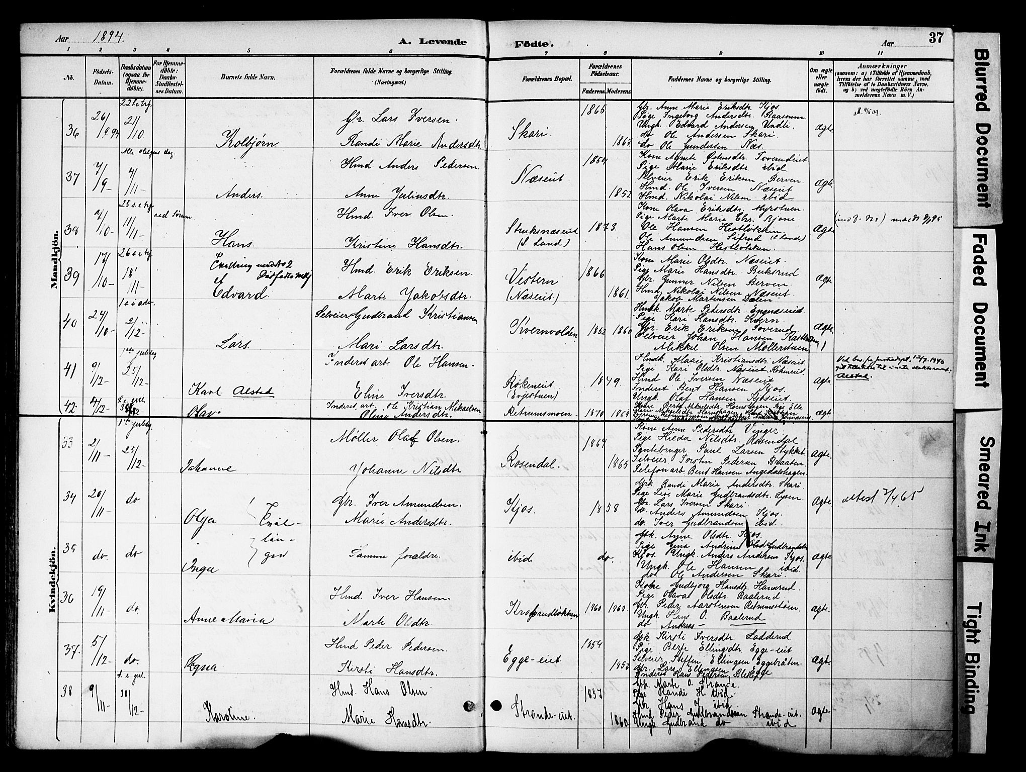 Gran prestekontor, SAH/PREST-112/H/Ha/Haa/L0020: Parish register (official) no. 20, 1889-1899, p. 37