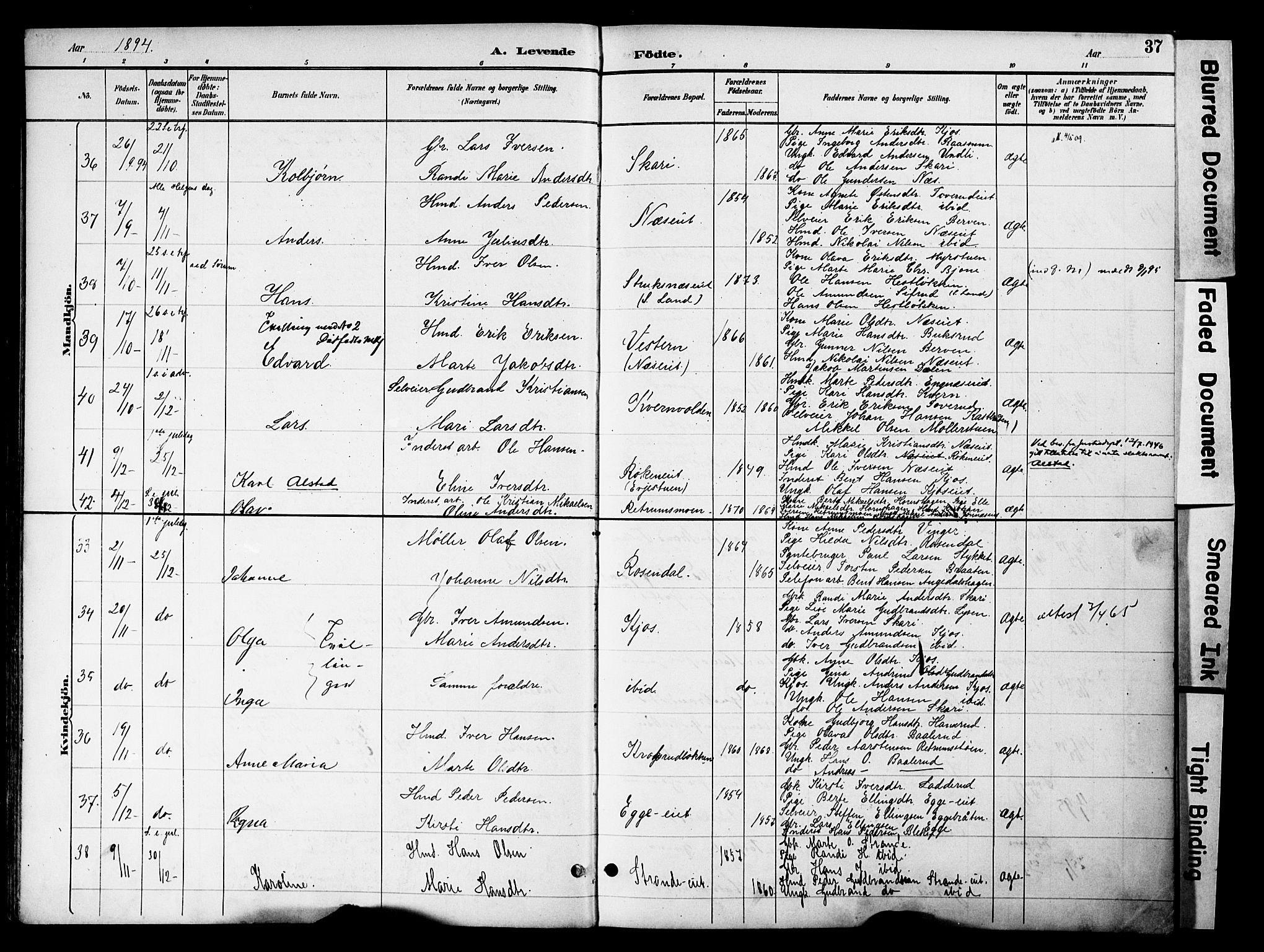 Gran prestekontor, AV/SAH-PREST-112/H/Ha/Haa/L0020: Parish register (official) no. 20, 1889-1899, p. 37