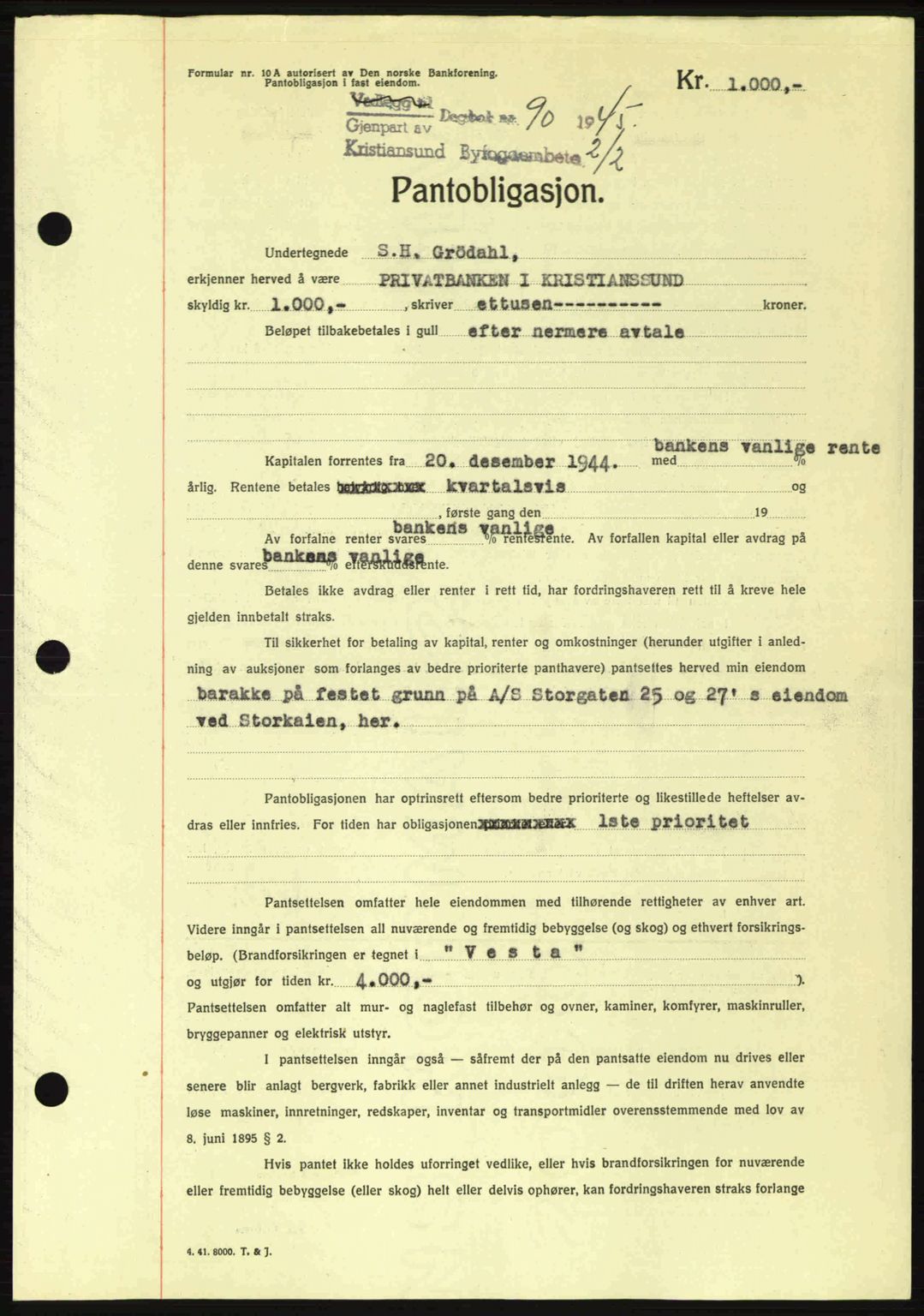 Kristiansund byfogd, SAT/A-4587/A/27: Mortgage book no. 37-38, 1943-1945, Diary no: : 90/1945