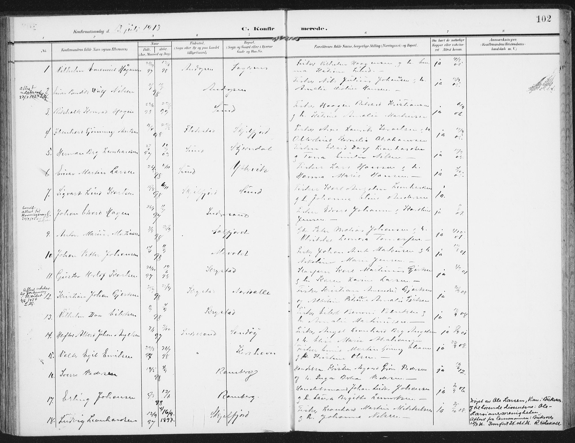 Ministerialprotokoller, klokkerbøker og fødselsregistre - Nordland, AV/SAT-A-1459/885/L1206: Parish register (official) no. 885A07, 1905-1915, p. 102