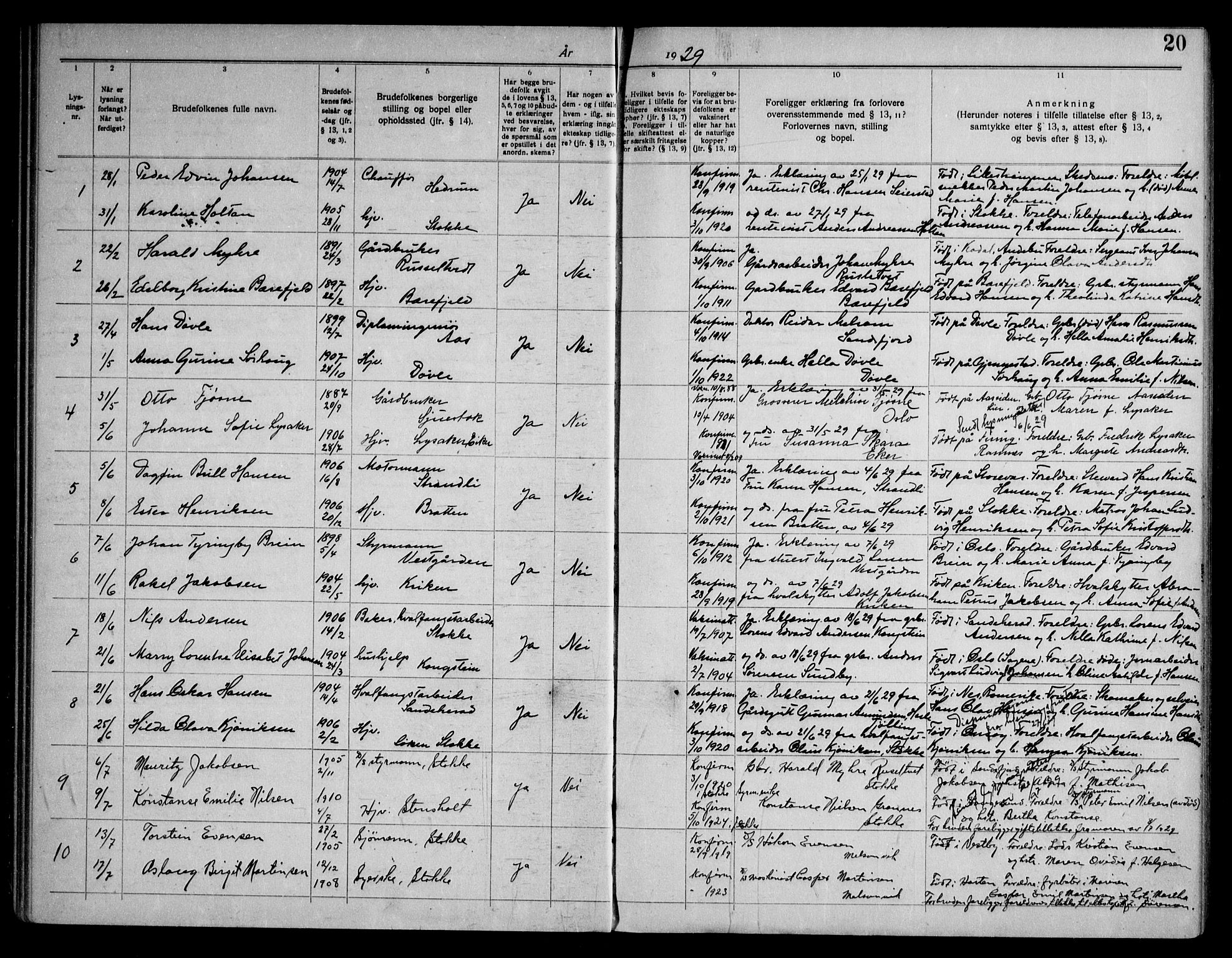 Stokke kirkebøker, AV/SAKO-A-320/H/Ha/L0003: Banns register no. 3, 1919-1958, p. 20