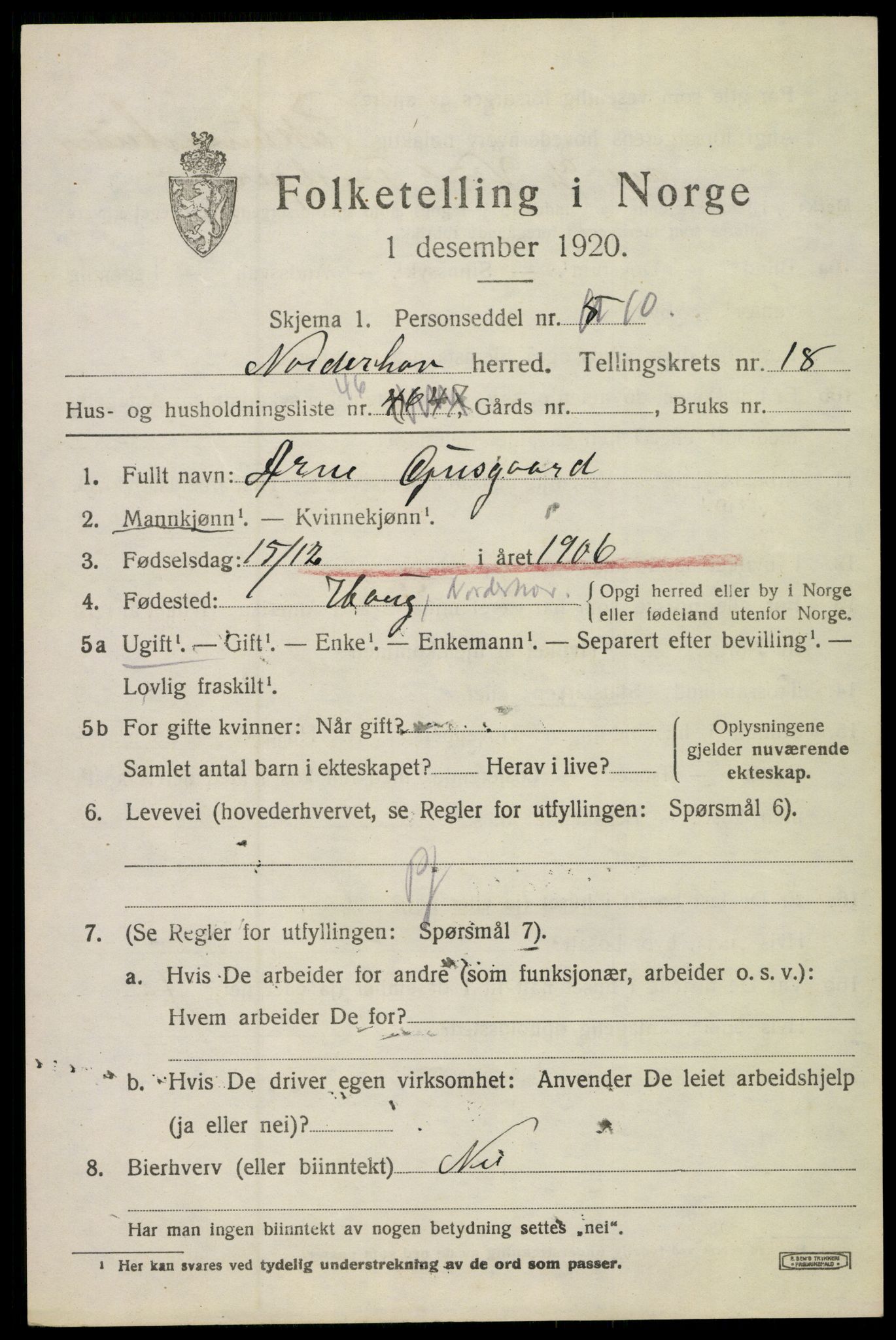 SAKO, 1920 census for Norderhov, 1920, p. 20302