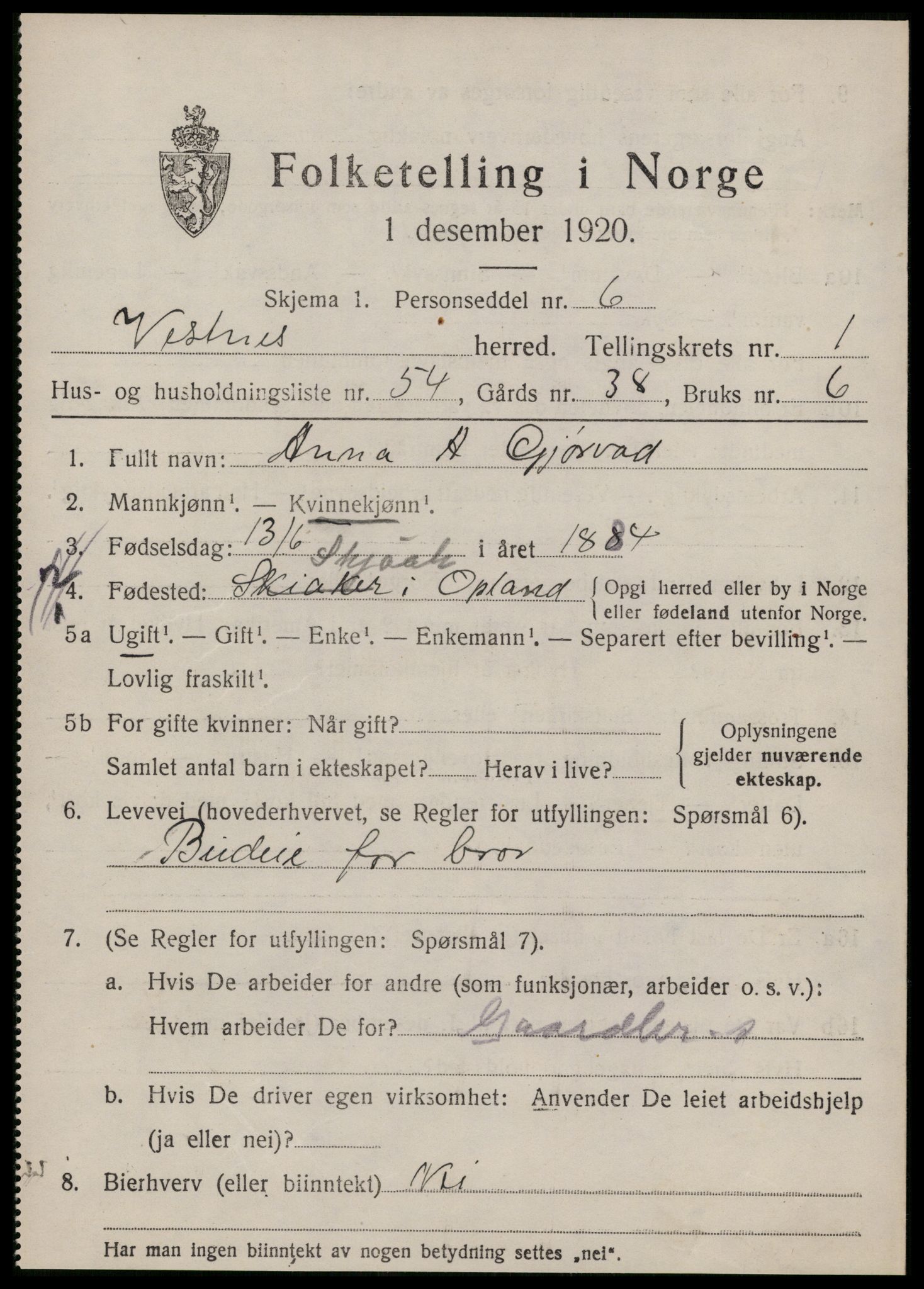 SAT, 1920 census for Vestnes, 1920, p. 1863