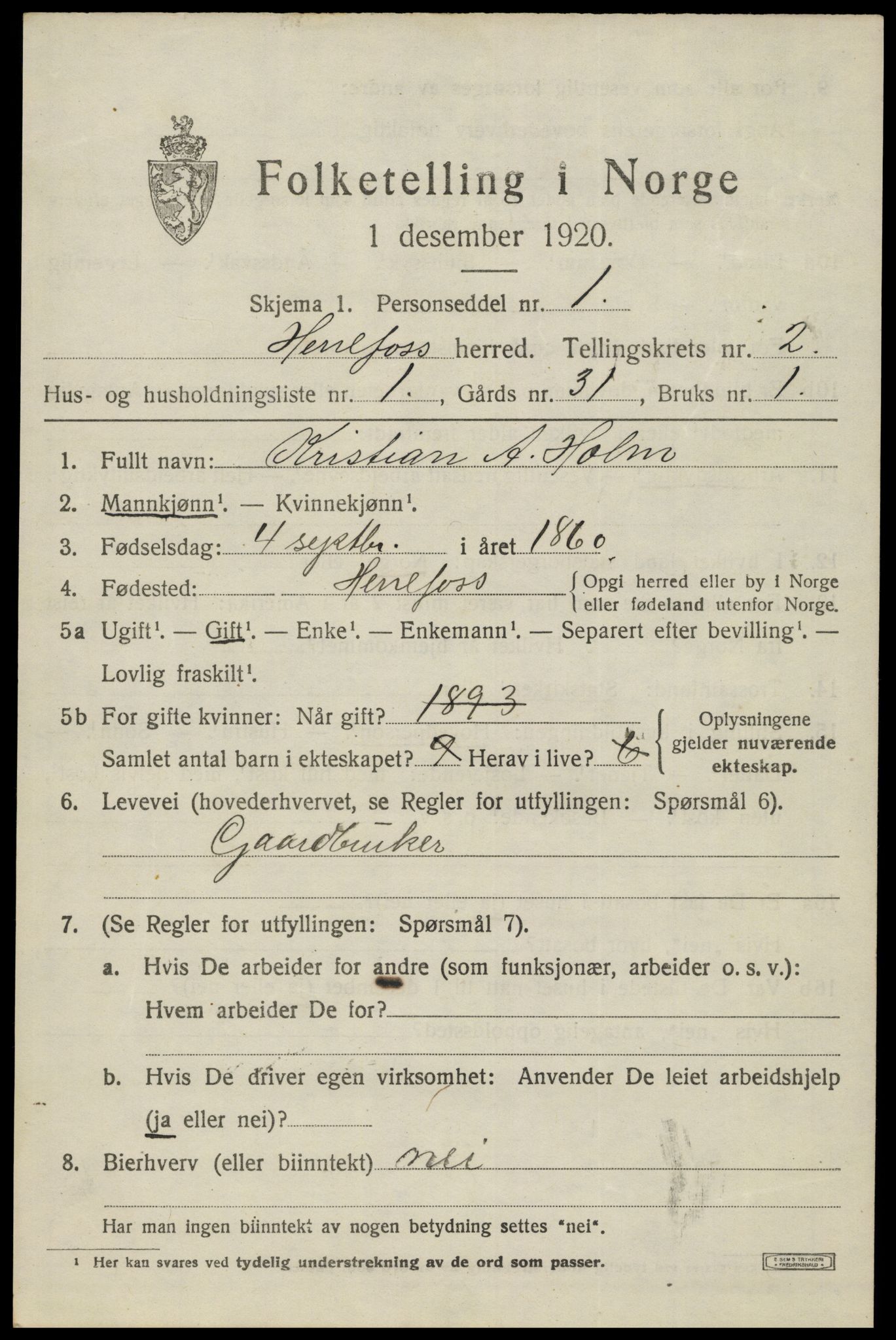 SAK, 1920 census for Herefoss, 1920, p. 318