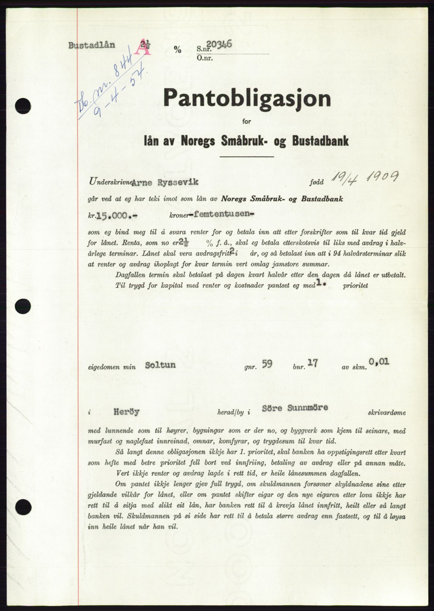 Søre Sunnmøre sorenskriveri, AV/SAT-A-4122/1/2/2C/L0124: Mortgage book no. 12B, 1953-1954, Diary no: : 844/1954