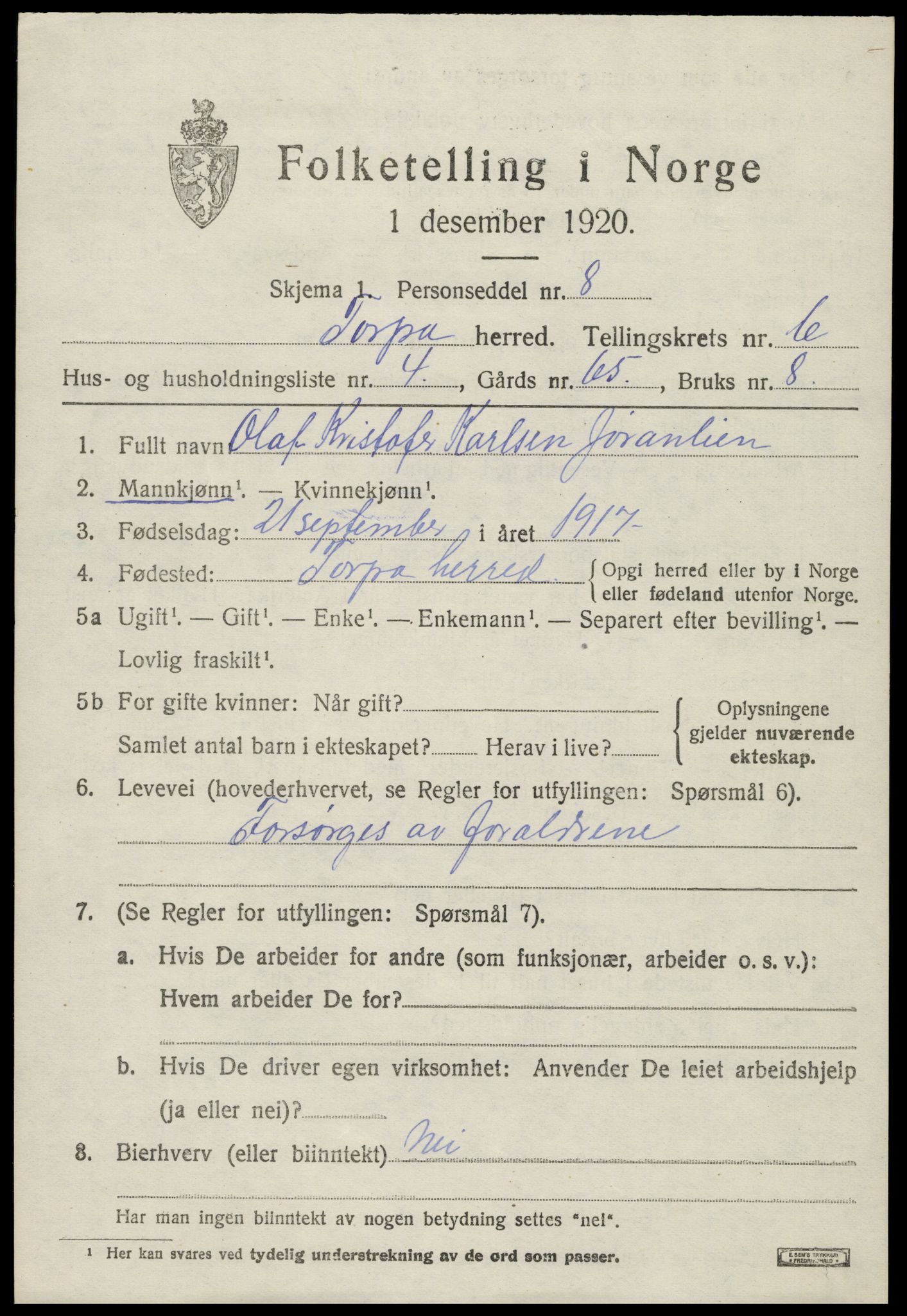 SAH, 1920 census for Torpa, 1920, p. 4017