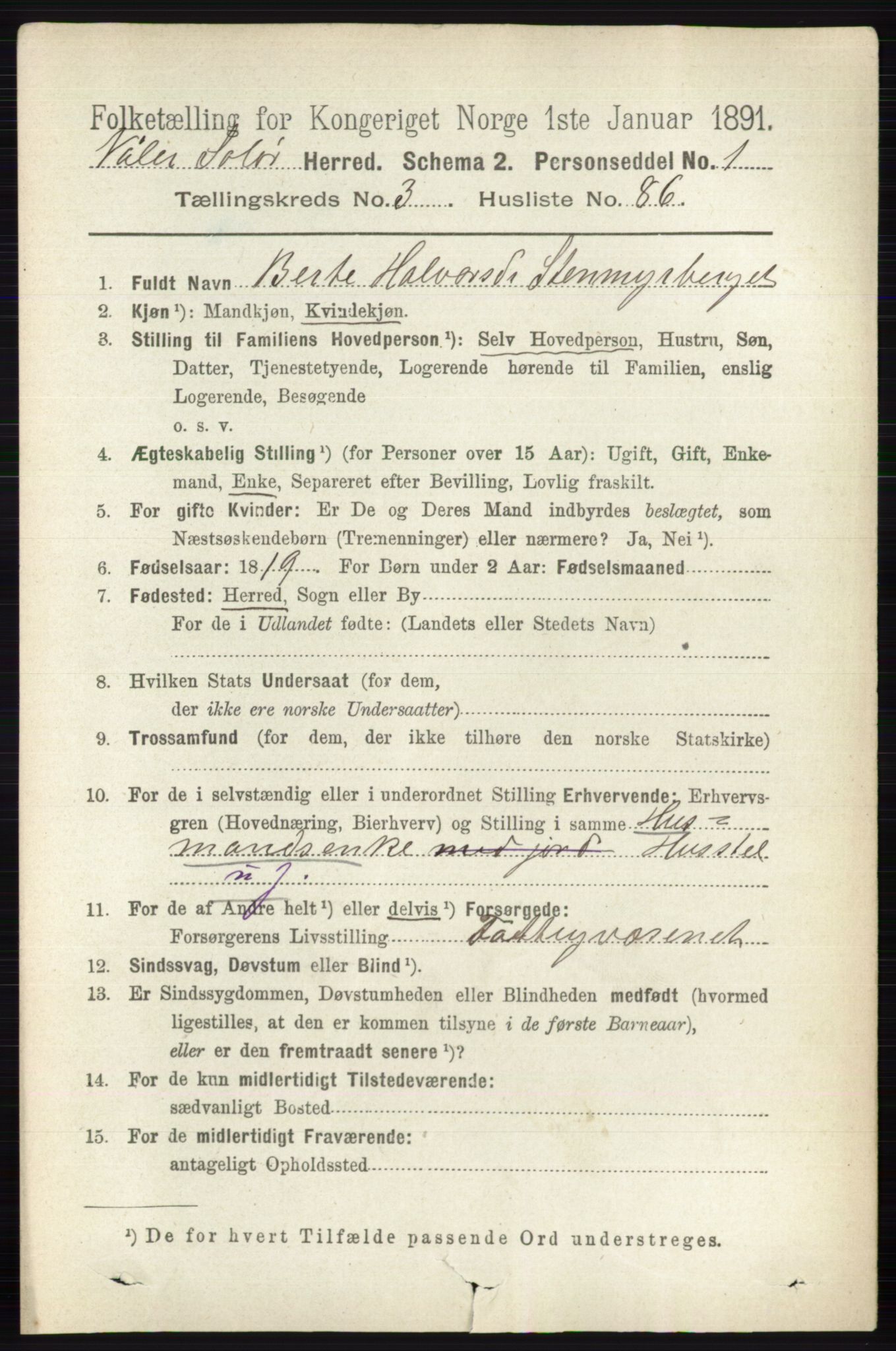 RA, 1891 census for 0426 Våler, 1891, p. 1401