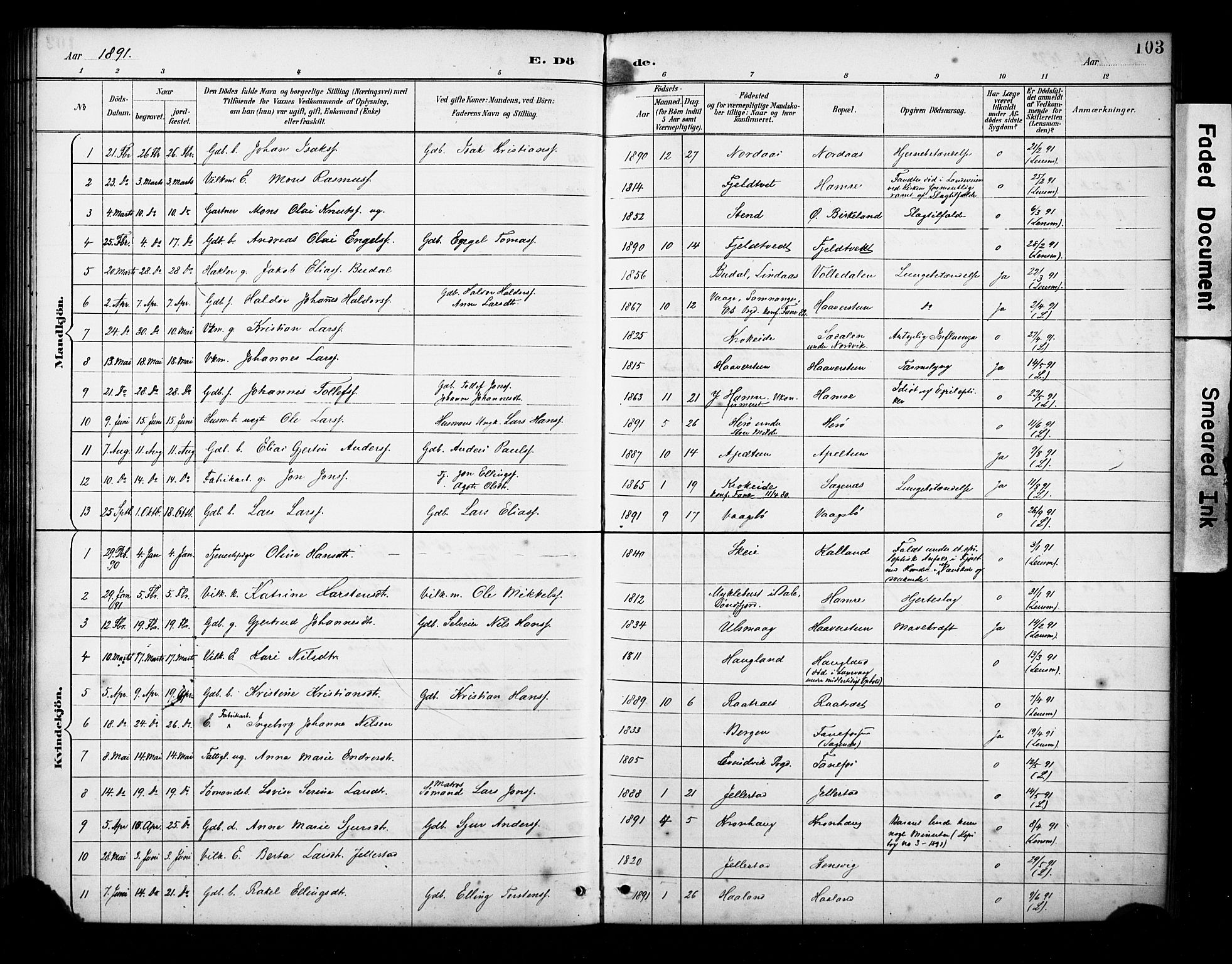 Fana Sokneprestembete, AV/SAB-A-75101/H/Haa/Haab/L0002: Parish register (official) no. B 2, 1890-1897, p. 103