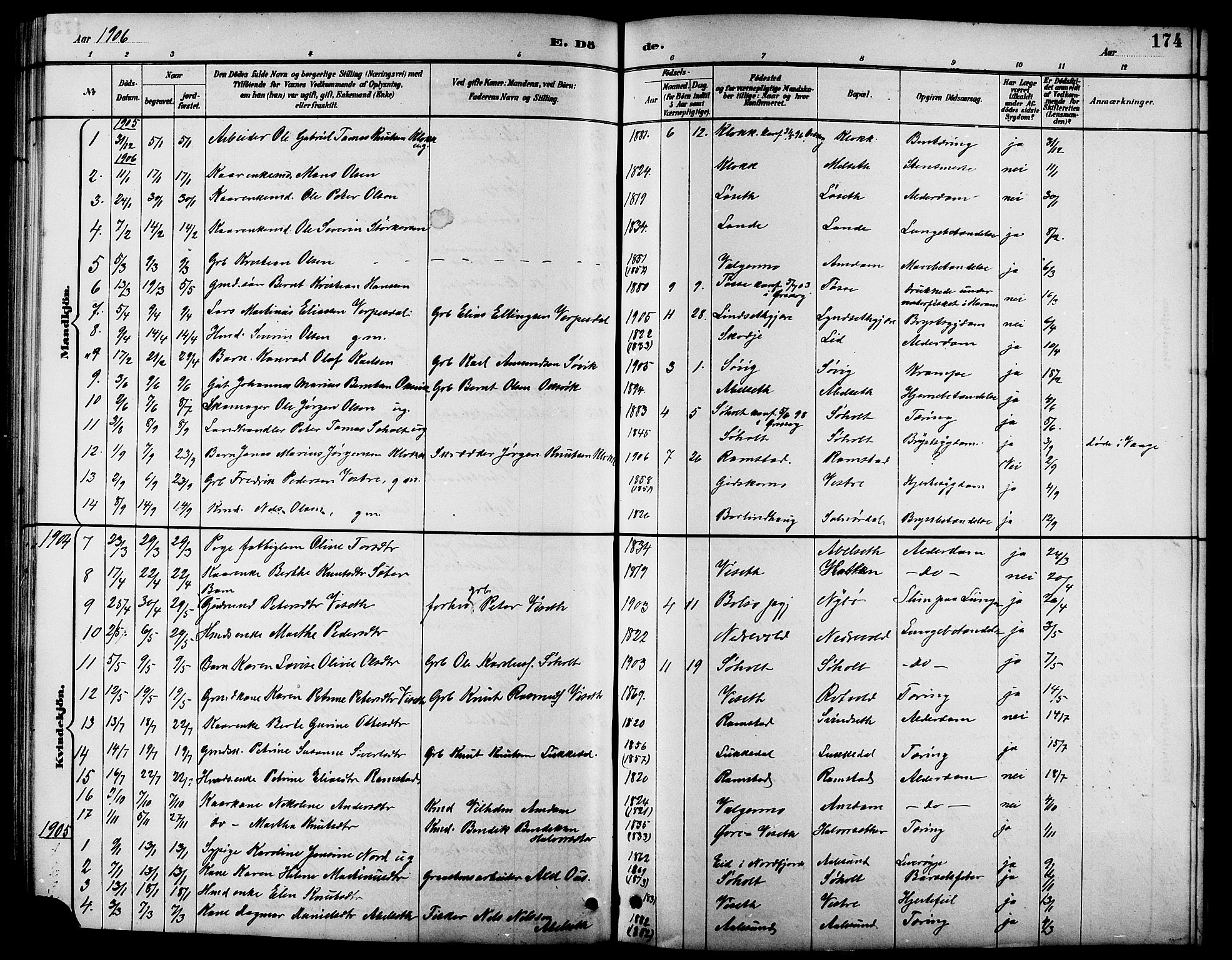 Ministerialprotokoller, klokkerbøker og fødselsregistre - Møre og Romsdal, AV/SAT-A-1454/522/L0327: Parish register (copy) no. 522C06, 1890-1915, p. 174