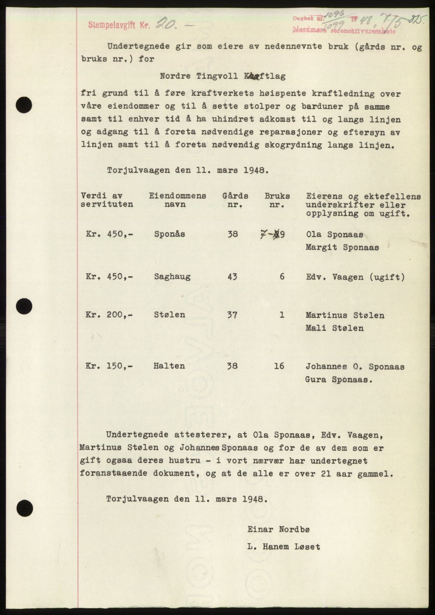 Nordmøre sorenskriveri, AV/SAT-A-4132/1/2/2Ca: Mortgage book no. B98, 1948-1948, Diary no: : 1096/1948