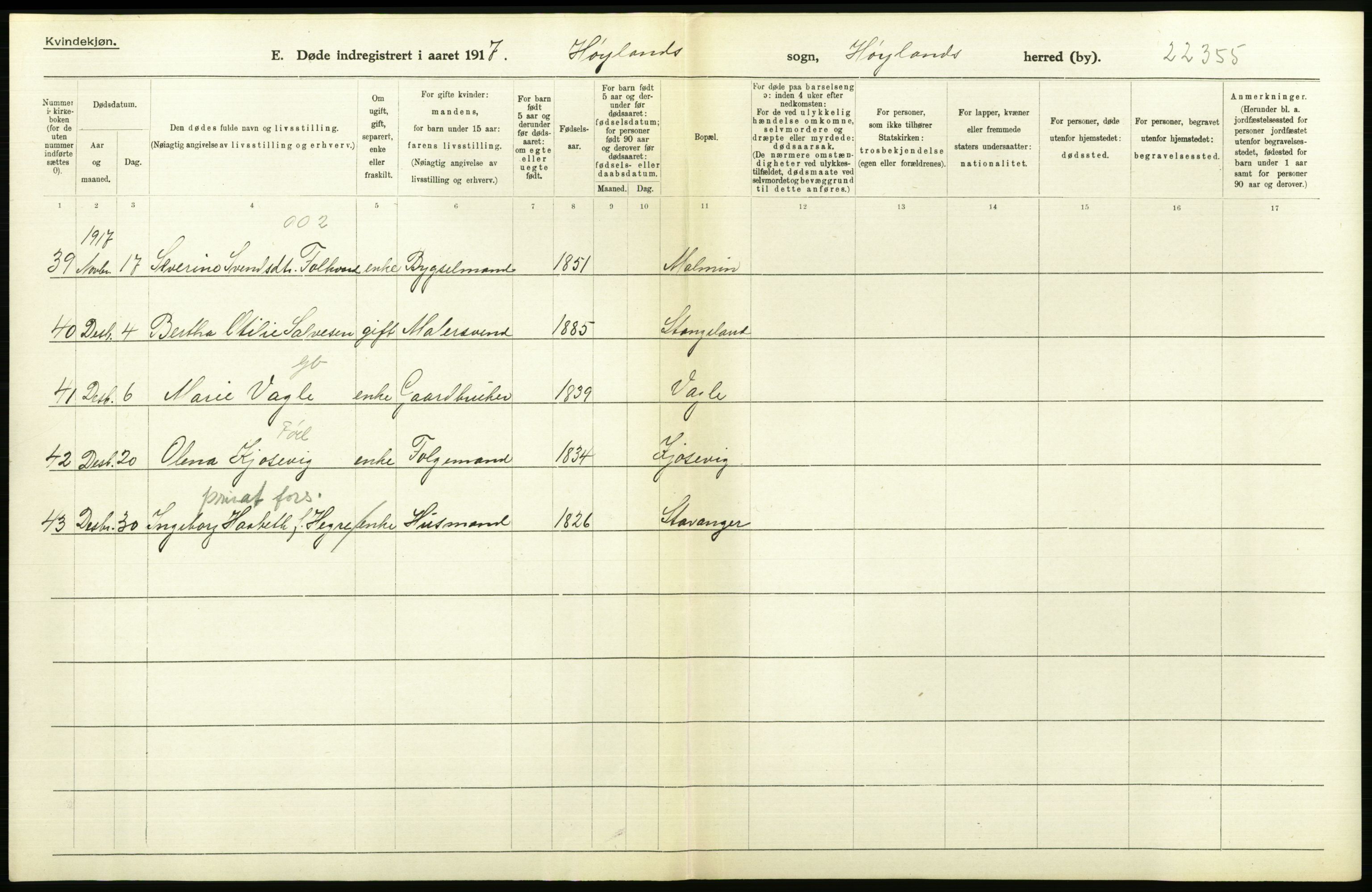 Statistisk sentralbyrå, Sosiodemografiske emner, Befolkning, RA/S-2228/D/Df/Dfb/Dfbg/L0033: Stavanger amt: Døde, dødfødte. Bygder og byer., 1917, p. 222