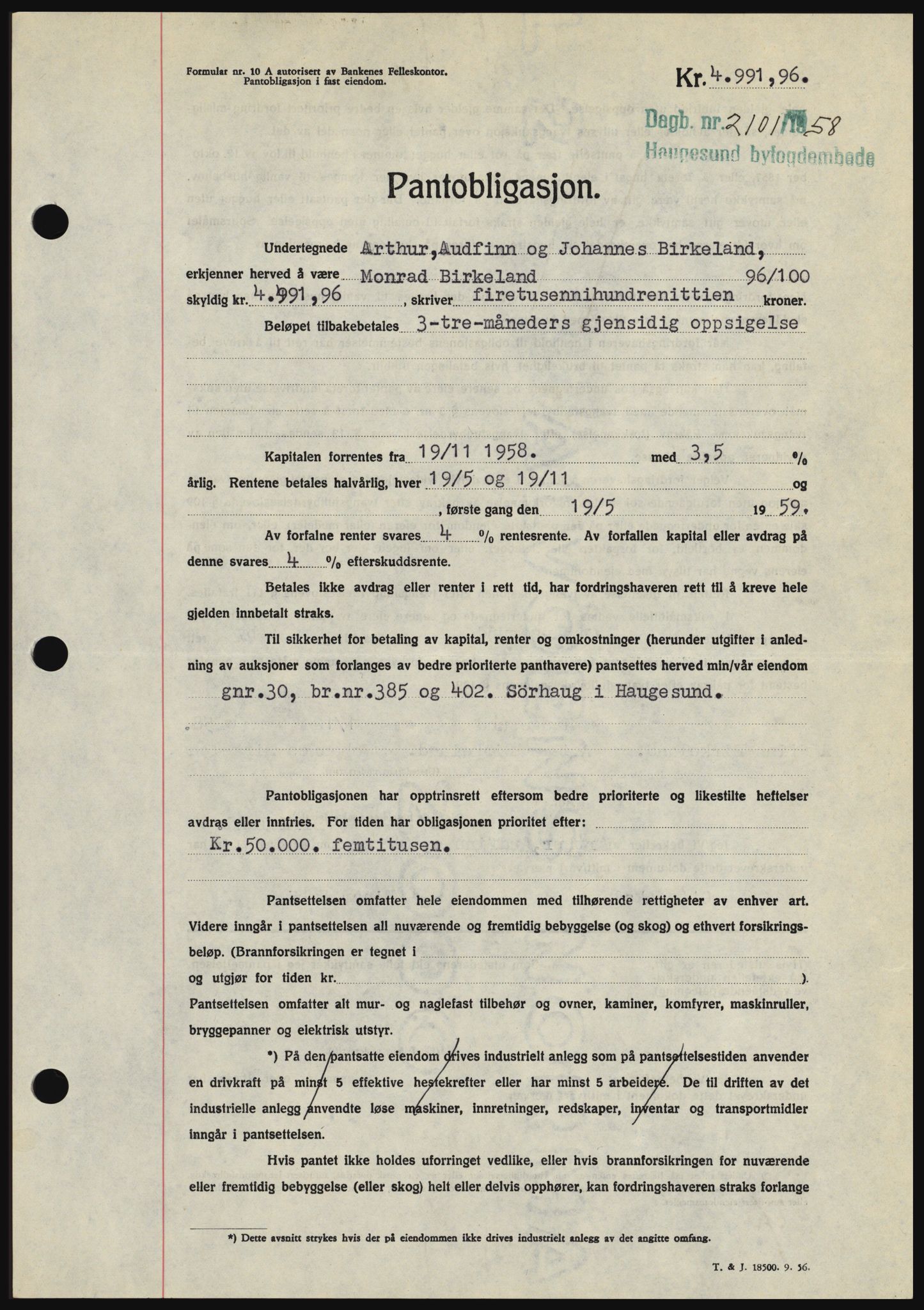 Haugesund tingrett, SAST/A-101415/01/II/IIC/L0044: Mortgage book no. B 44, 1958-1959, Diary no: : 2101/1958