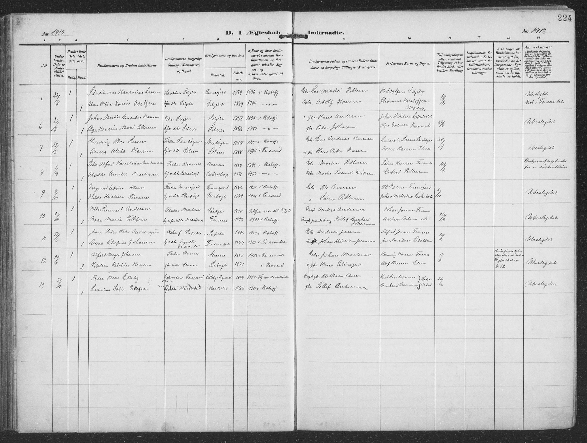 Balsfjord sokneprestembete, SATØ/S-1303/G/Ga/L0009klokker: Parish register (copy) no. 9, 1906-1920, p. 224