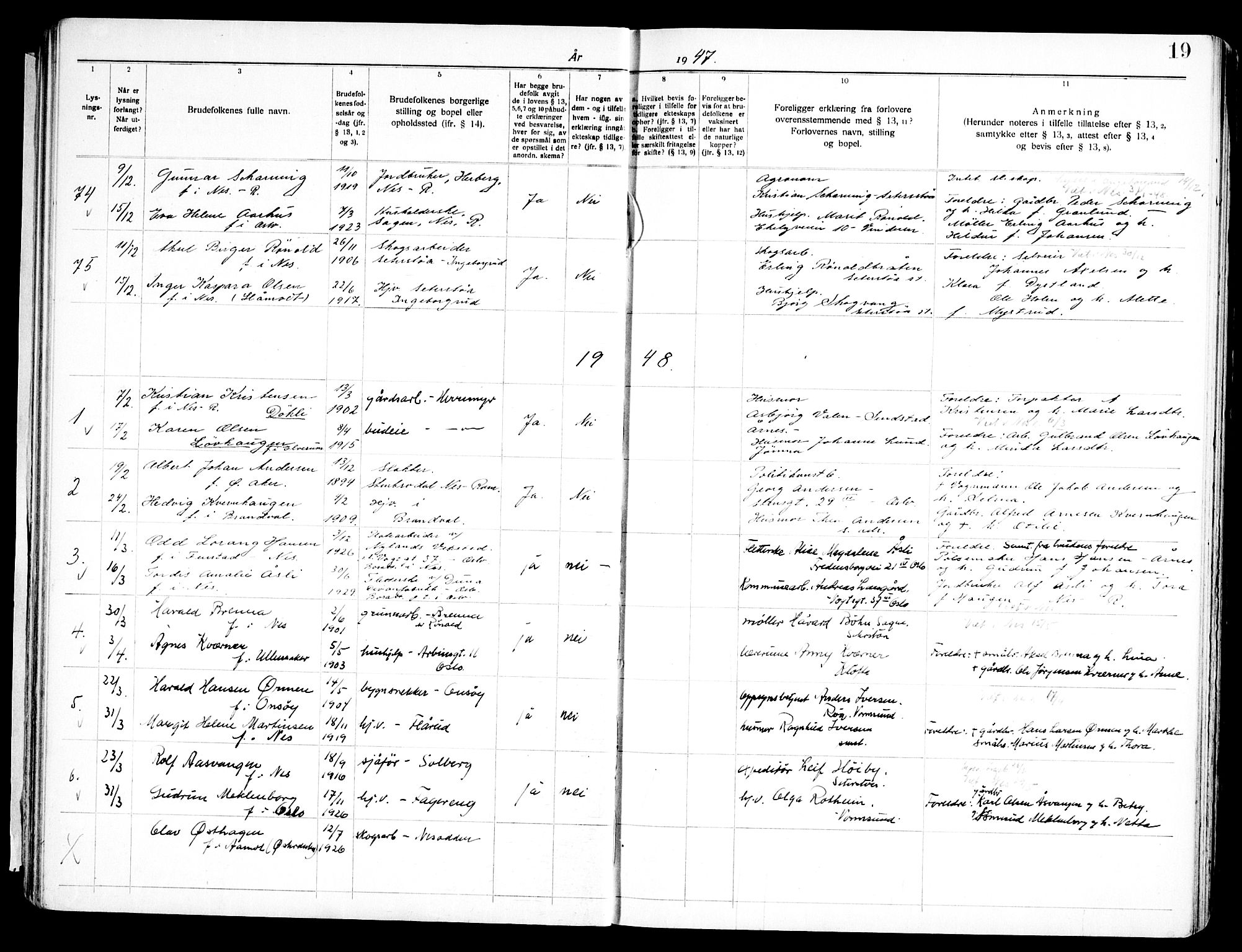 Nes prestekontor Kirkebøker, SAO/A-10410/H/L0003: Banns register no. 3, 1942-1972, p. 19