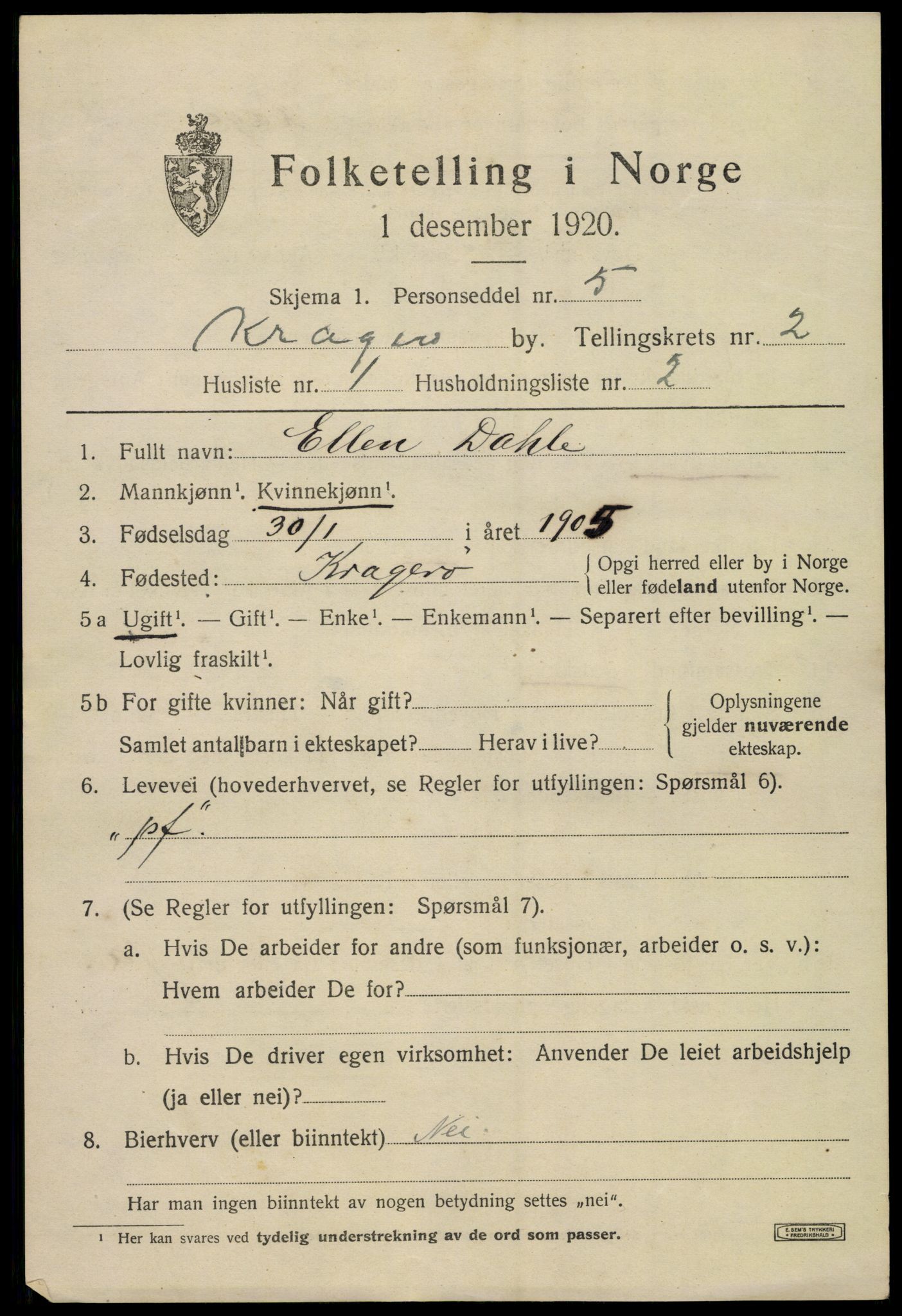 SAKO, 1920 census for Kragerø, 1920, p. 5367