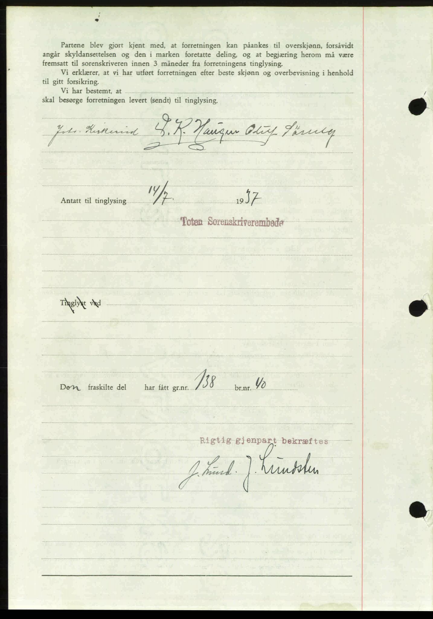 Toten tingrett, SAH/TING-006/H/Hb/Hbc/L0003: Mortgage book no. Hbc-03, 1937-1938, Diary no: : 1722/1937