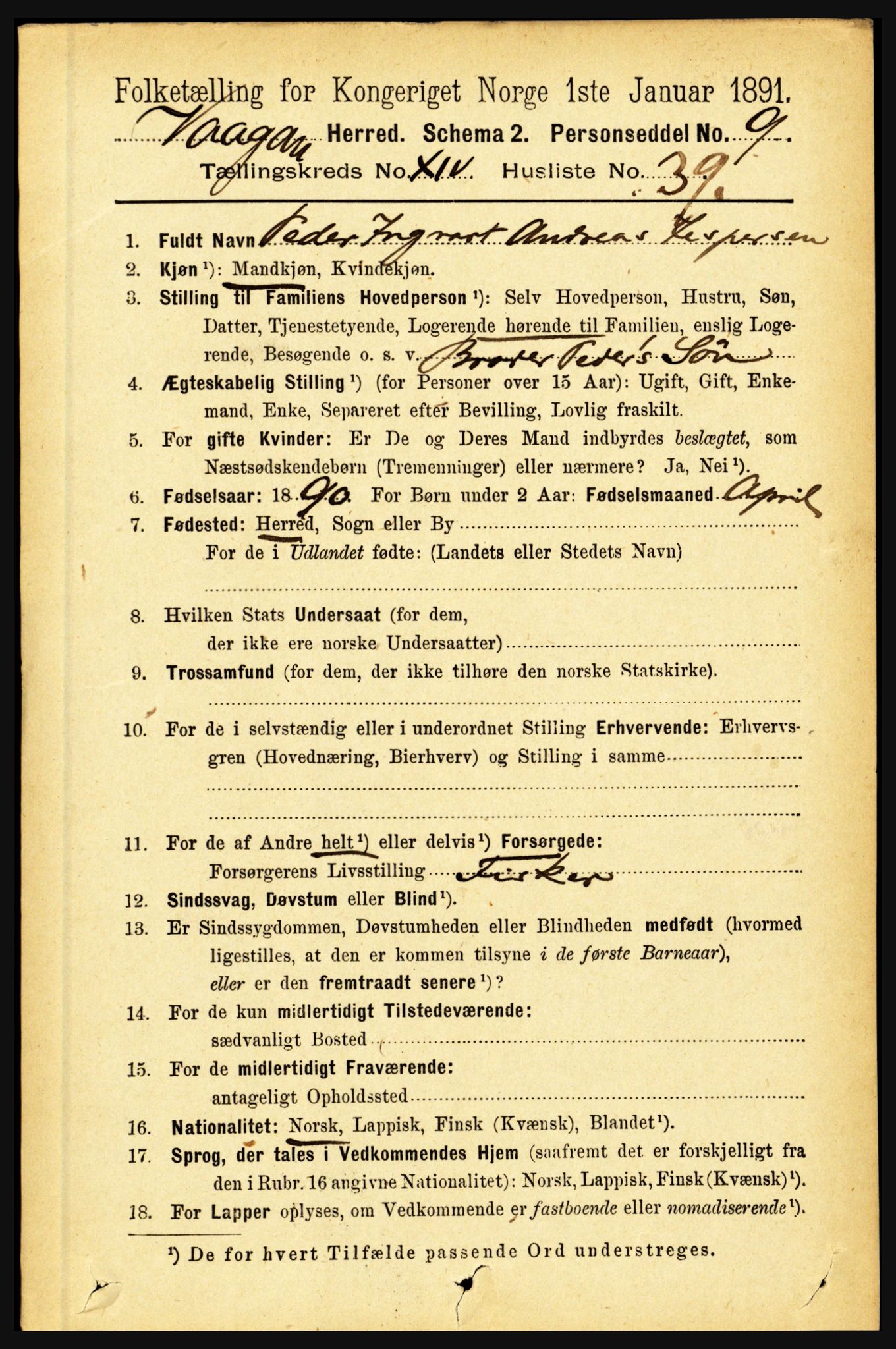 RA, 1891 census for 1865 Vågan, 1891, p. 4021