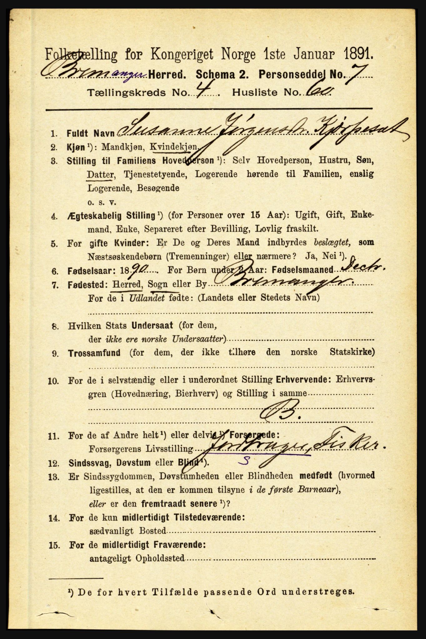 RA, 1891 census for 1438 Bremanger, 1891, p. 1883