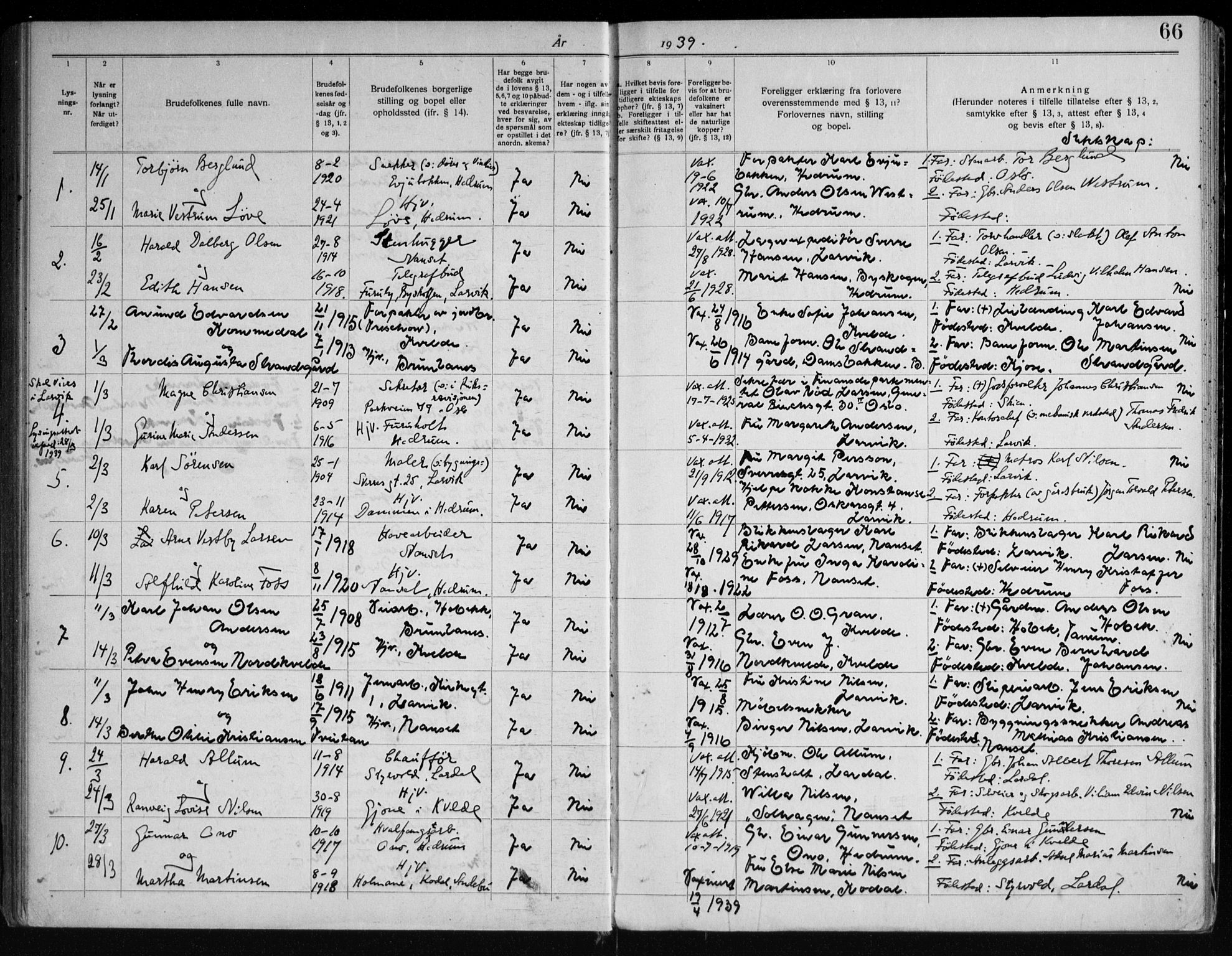 Hedrum kirkebøker, AV/SAKO-A-344/H/Ha/L0001: Banns register no. 1, 1919-1949, p. 66