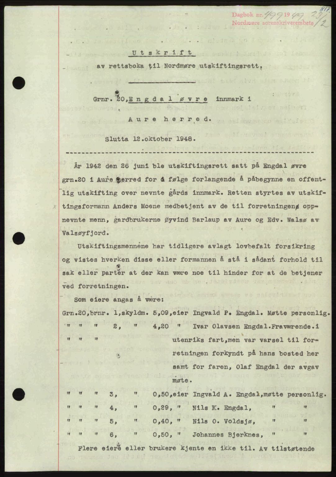 Nordmøre sorenskriveri, AV/SAT-A-4132/1/2/2Ca: Mortgage book no. A110, 1948-1949, Diary no: : 499/1949