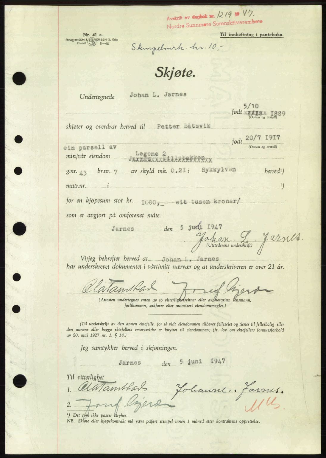 Nordre Sunnmøre sorenskriveri, AV/SAT-A-0006/1/2/2C/2Ca: Mortgage book no. A25, 1947-1947, Diary no: : 1219/1947