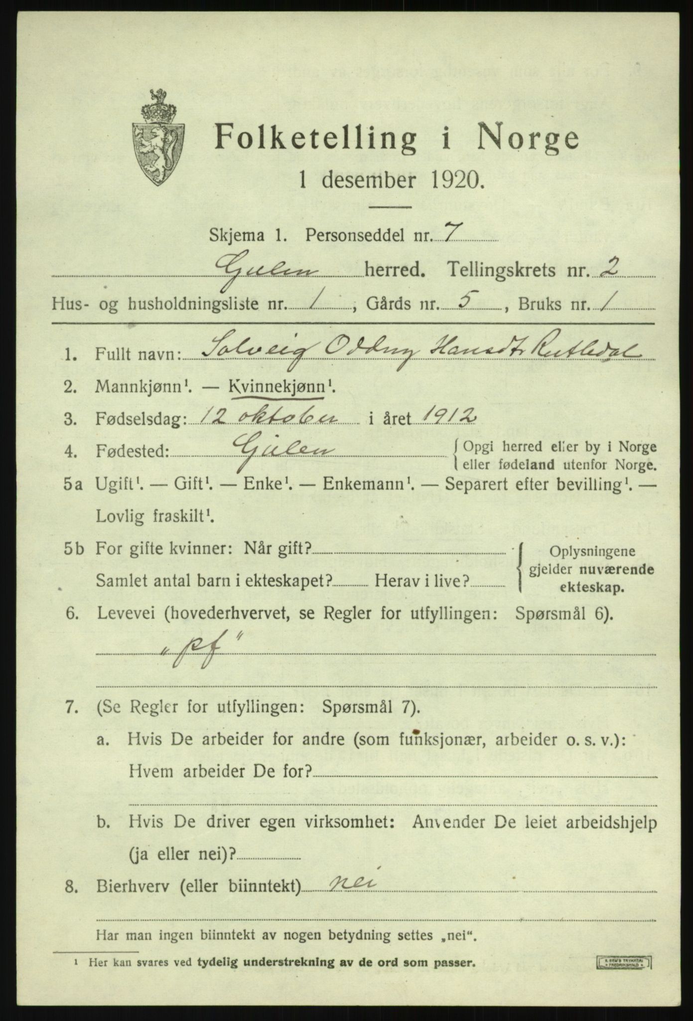 SAB, 1920 census for Gulen, 1920, p. 1319