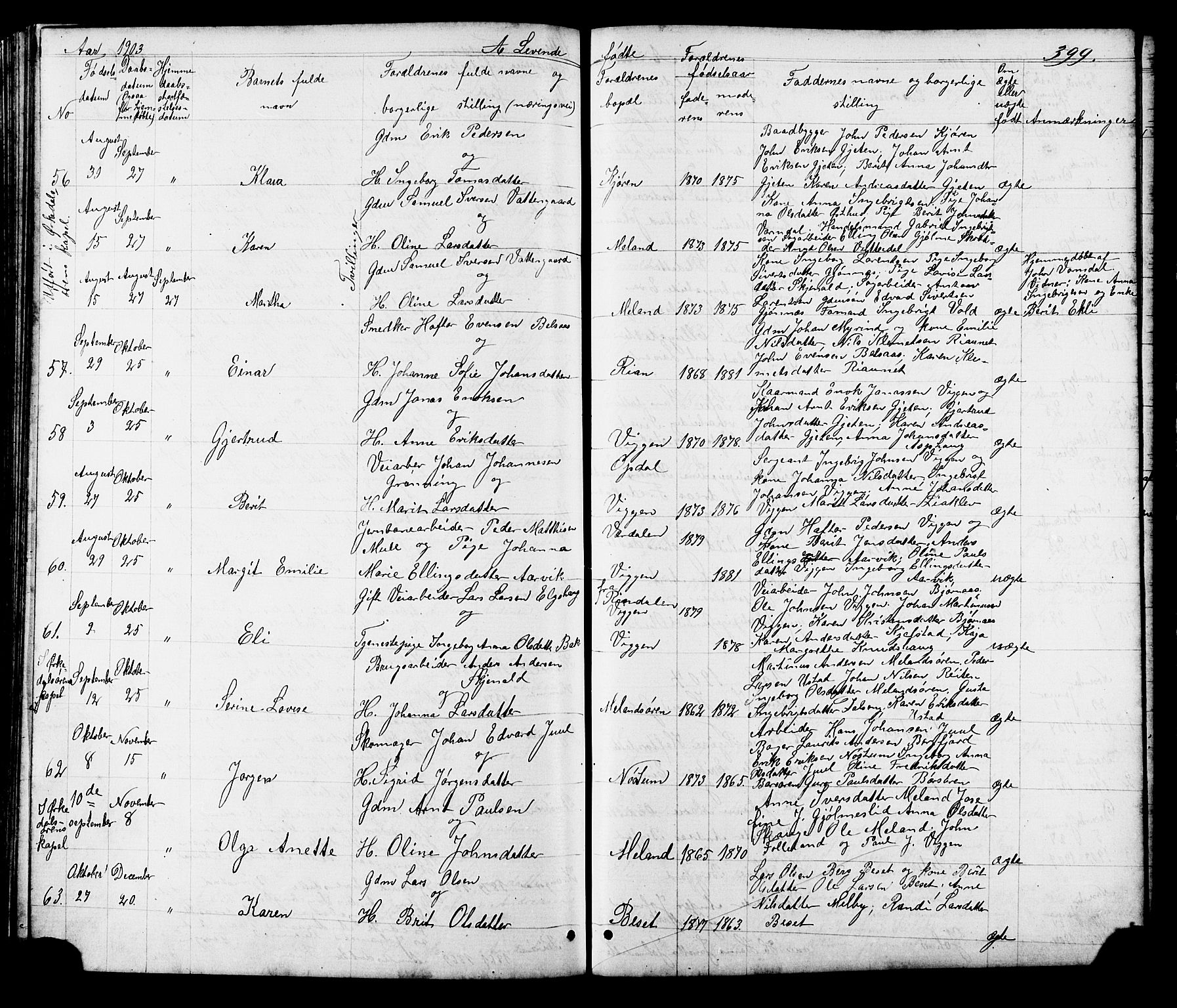 Ministerialprotokoller, klokkerbøker og fødselsregistre - Sør-Trøndelag, SAT/A-1456/665/L0777: Parish register (copy) no. 665C02, 1867-1915, p. 399