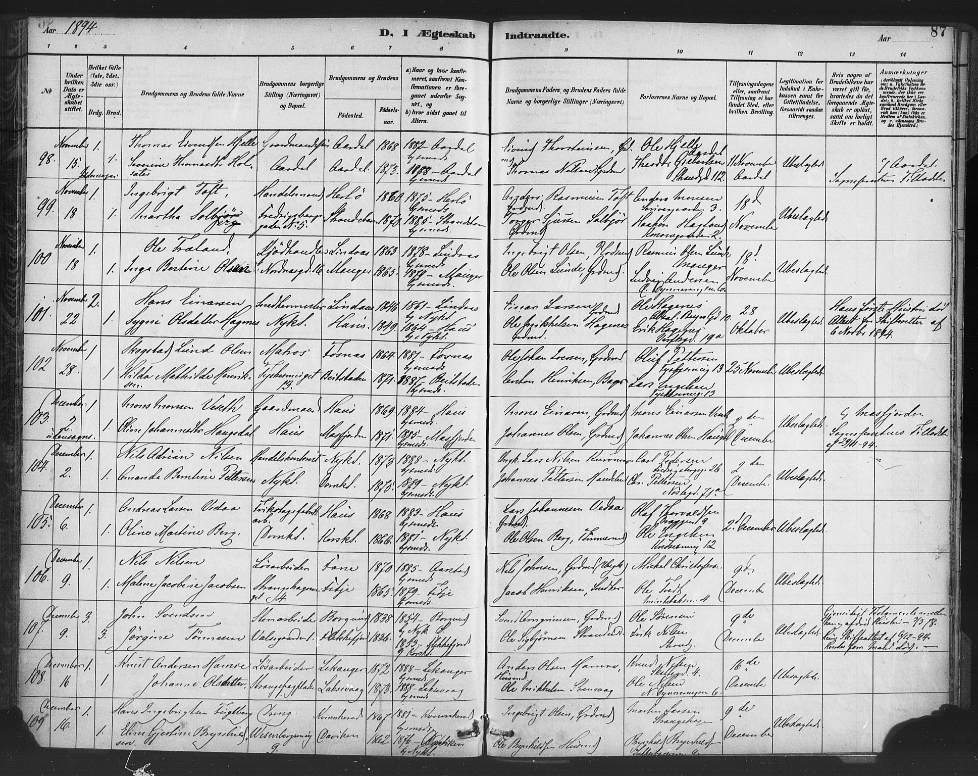 Nykirken Sokneprestembete, AV/SAB-A-77101/H/Haa/L0033: Parish register (official) no. D 3, 1884-1895, p. 87