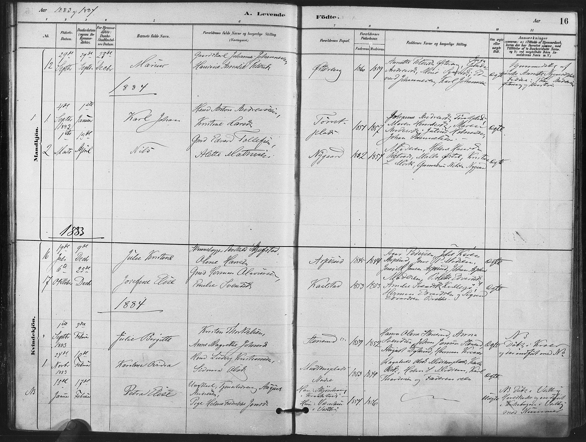 Kråkstad prestekontor Kirkebøker, SAO/A-10125a/F/Fa/L0009: Parish register (official) no. I 9, 1880-1892, p. 16