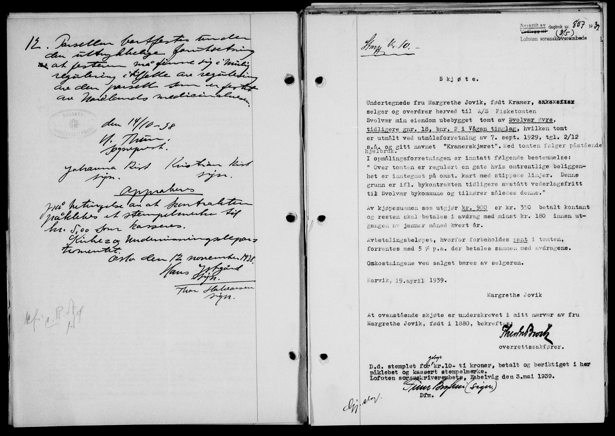 Lofoten sorenskriveri, SAT/A-0017/1/2/2C/L0005a: Mortgage book no. 5a, 1939-1939, Diary no: : 857/1939