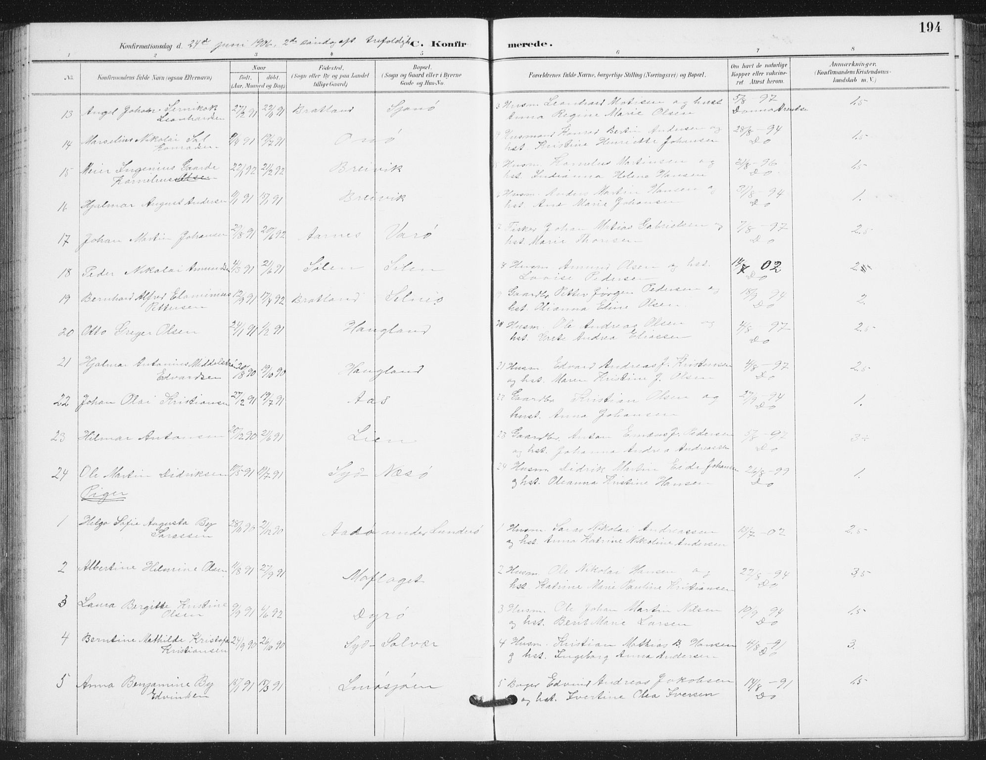 Ministerialprotokoller, klokkerbøker og fødselsregistre - Nordland, AV/SAT-A-1459/839/L0573: Parish register (copy) no. 839C03, 1892-1917, p. 194