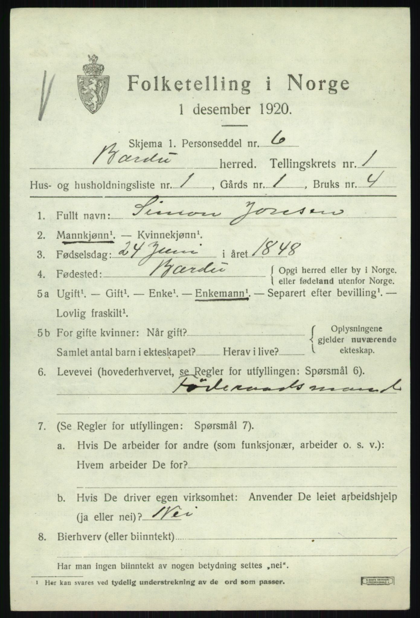 SATØ, 1920 census for Bardu, 1920, p. 637